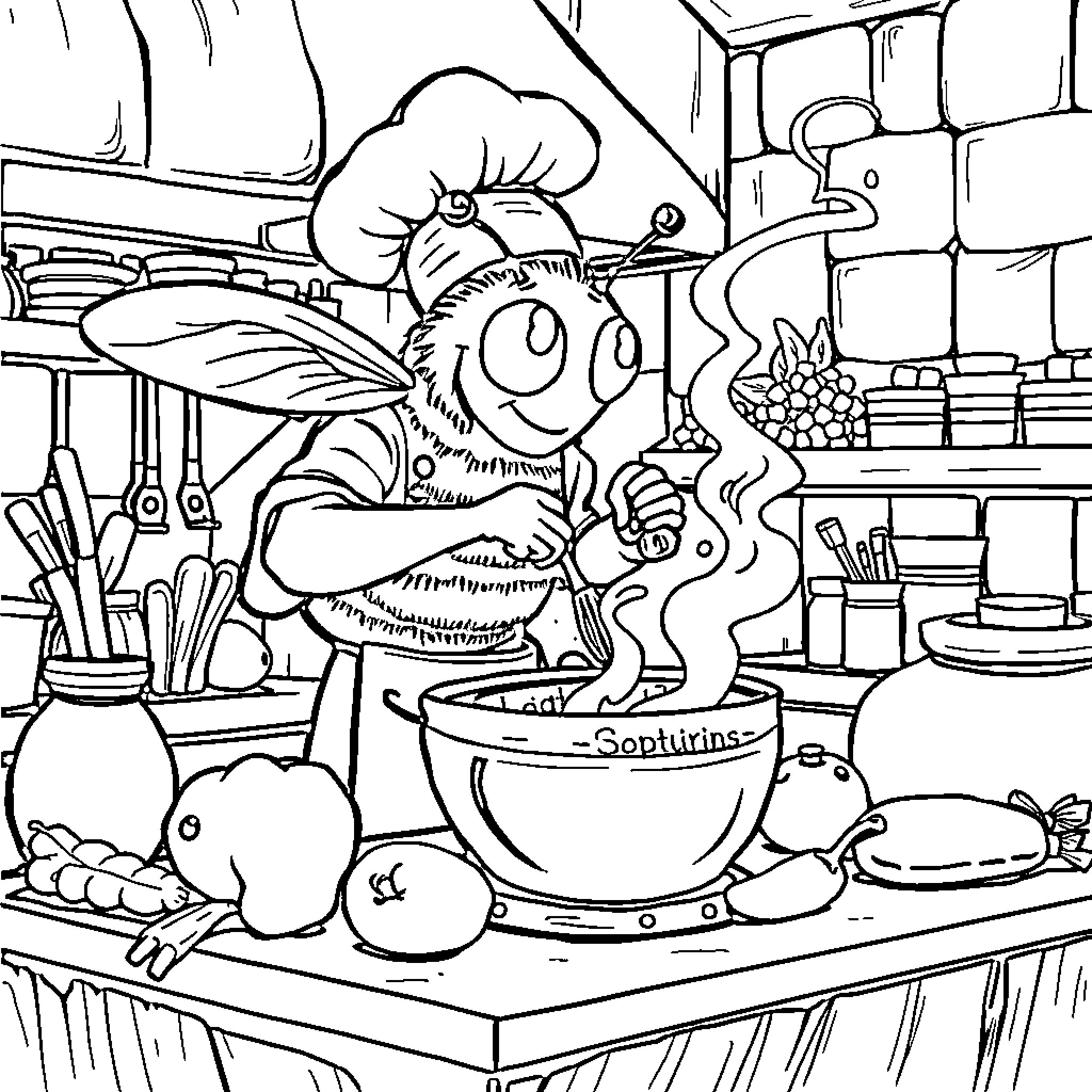 Buzz the Chef Cooking in the Kitchen Coloring Page (free black-and-white line drawing printable PDF for all, from beginners to advanced learners, including children, teens, adults, and seniors)
