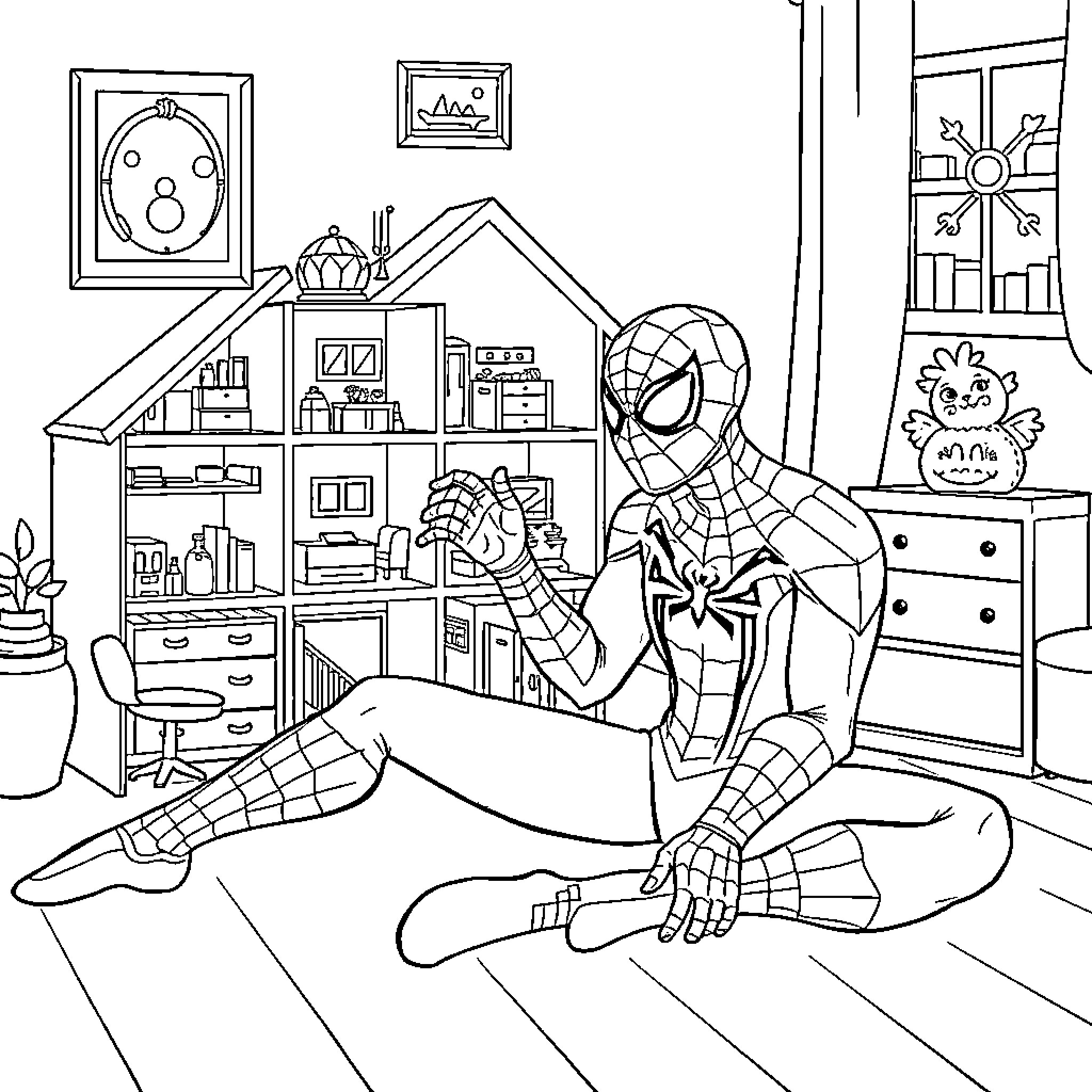 Spider-Man relaxing in his cozy bedroom Coloring Page (free black-and-white line drawing printable PDF for all, from beginners to advanced learners, including children, teens, adults, and seniors)