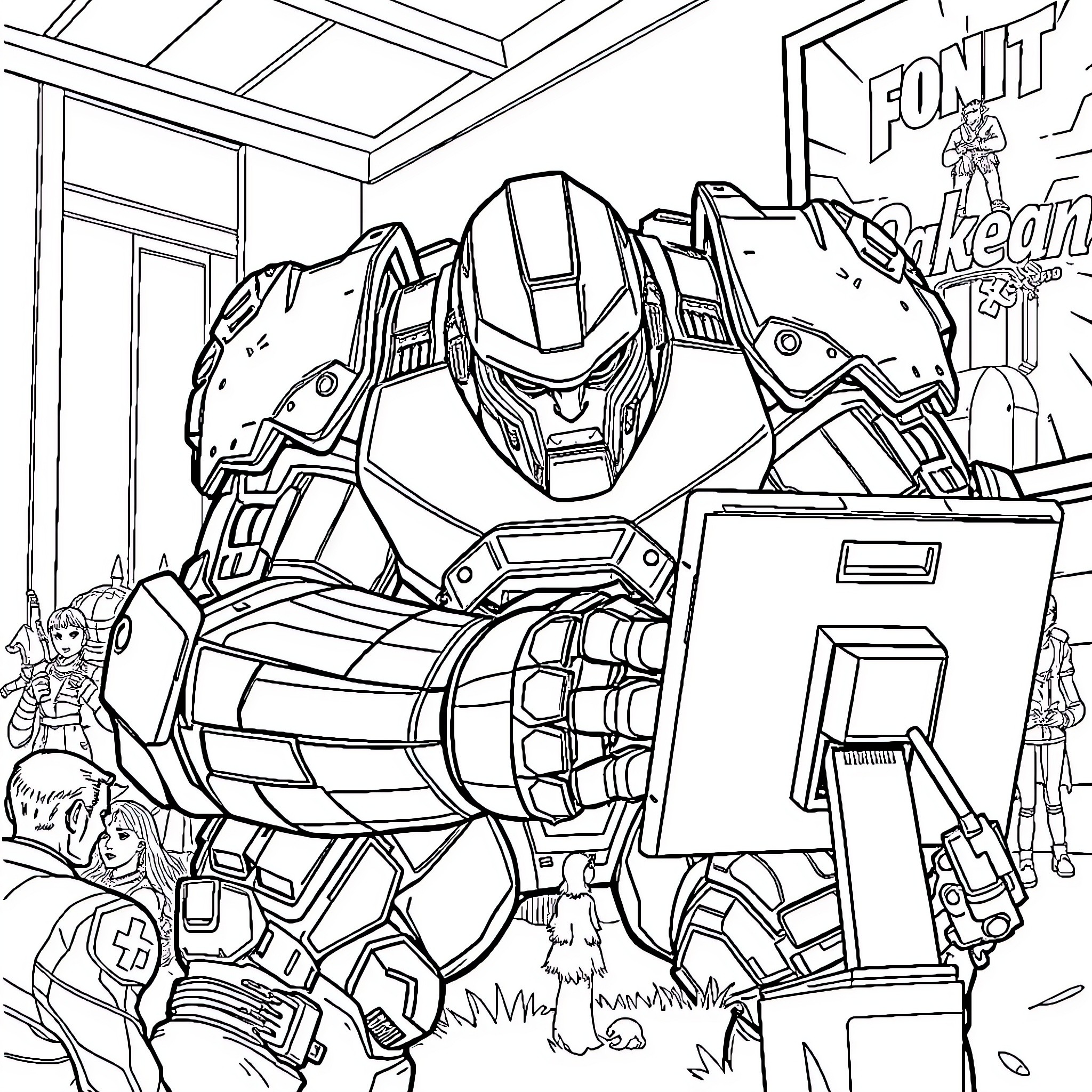 Hulkbuster Armored Hero in Action Scene Coloring Page (free black-and-white line drawing printable PDF for all, from beginners to advanced learners, including children, teens, adults, and seniors)