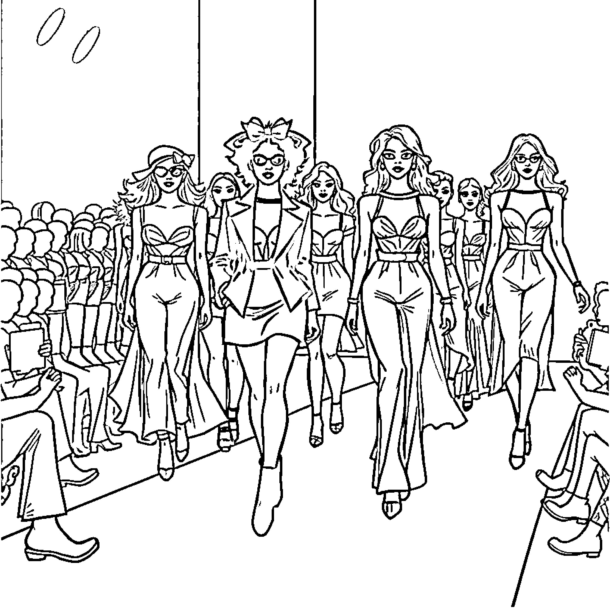 Model Fashion Show with Stylish Outfits Coloring Page (free black-and-white line drawing printable PDF for all, from beginners to advanced learners, including children, teens, adults, and seniors)