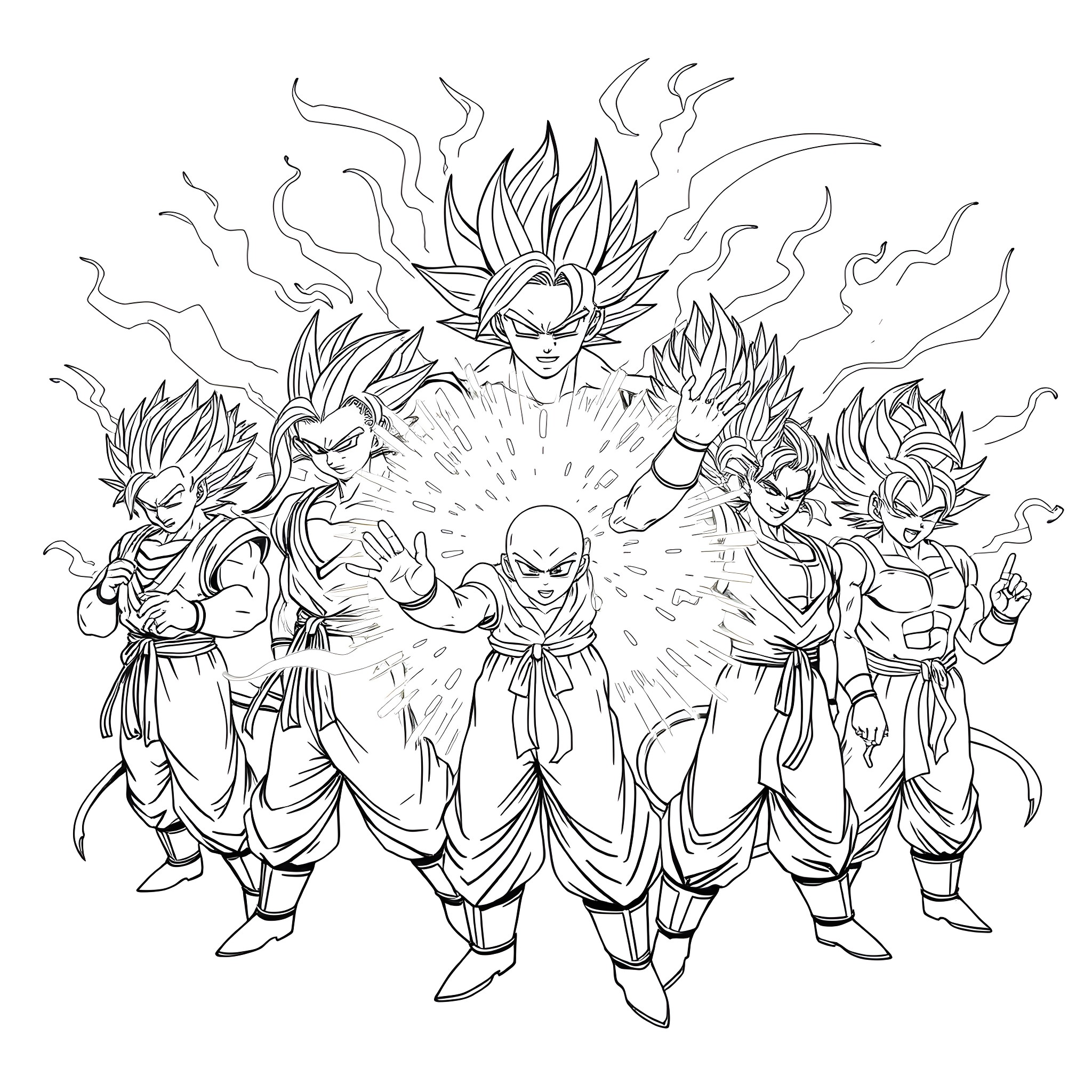 Dragon Ball Characters Unleashing Powerful Attacks Coloring Page (free black-and-white line drawing printable PDF for all, from beginners to advanced learners, including children, teens, adults, and seniors)