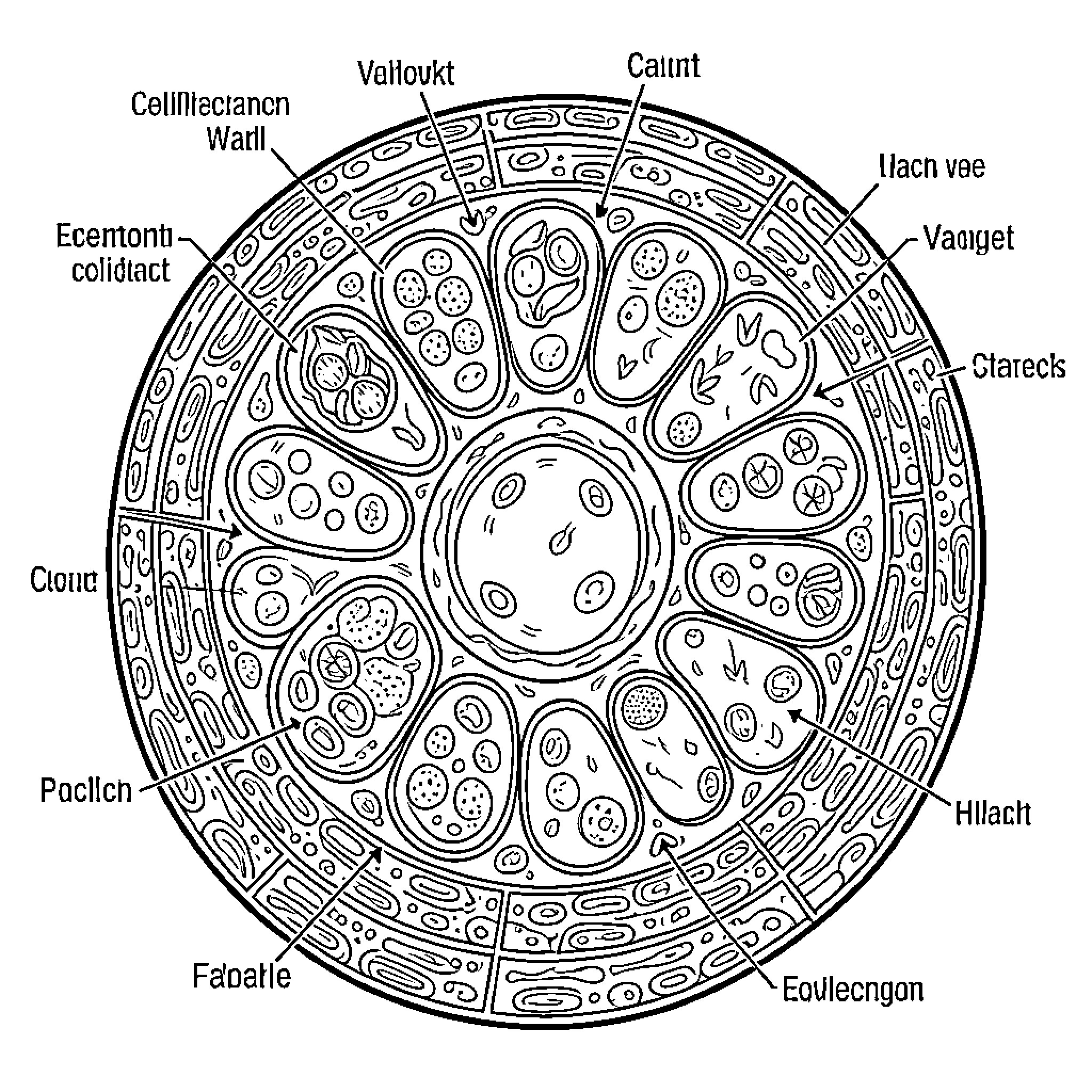Plant Cell Diagram Showing Cellular Components Coloring Page (free black-and-white line drawing printable PDF for all, from beginners to advanced learners, including children, teens, adults, and seniors)