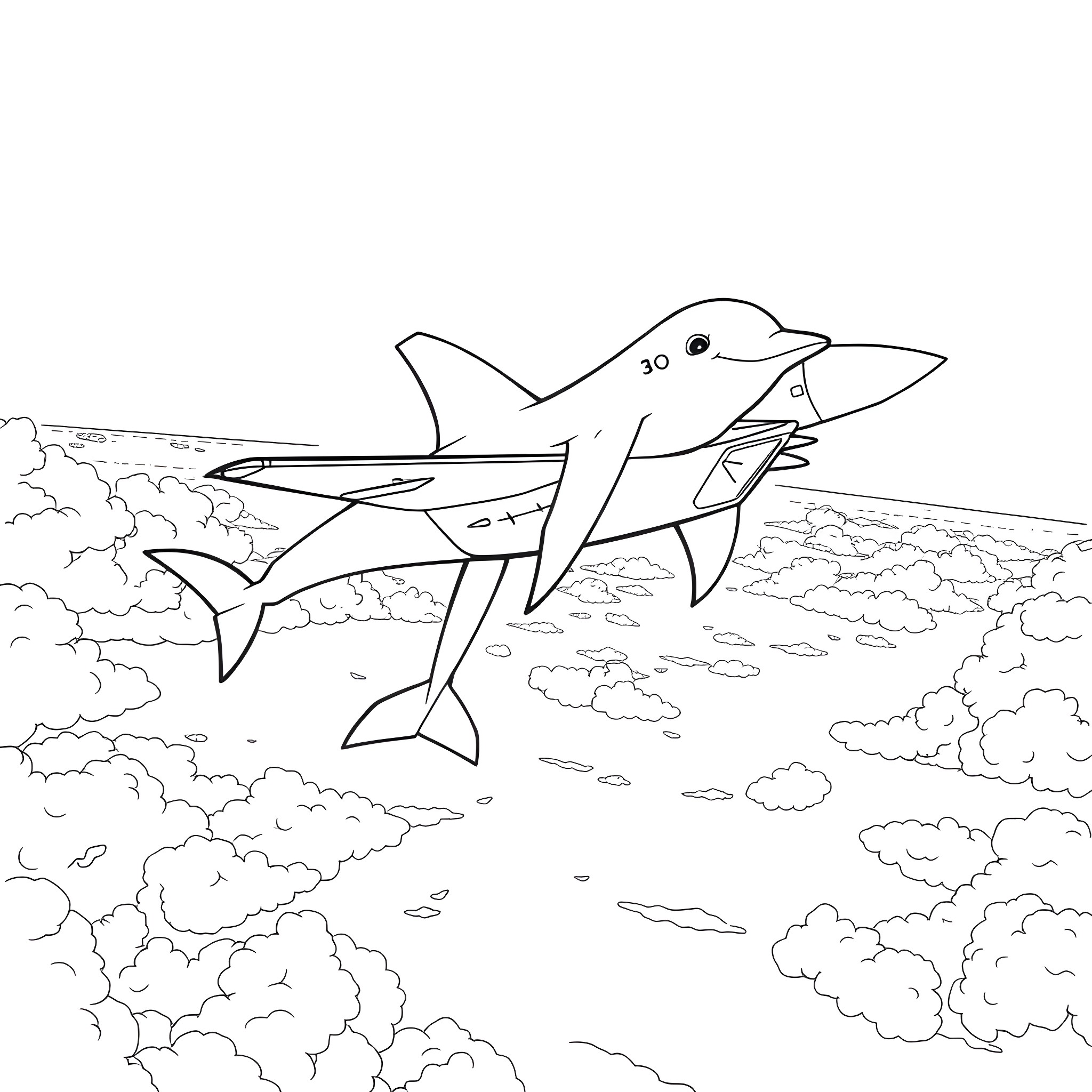 Dolphin swimming among clouds in the sky Coloring Page (free black-and-white line drawing printable PDF for all, from beginners to advanced learners, including children, teens, adults, and seniors)