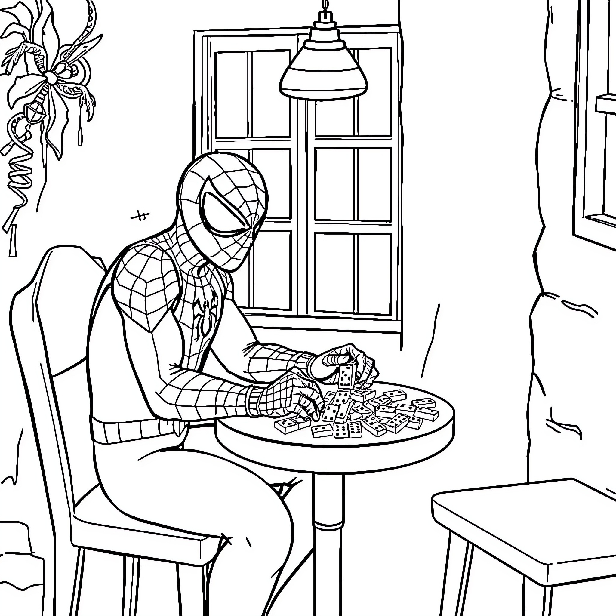 Spiderman enjoying a pizza break in his hideout Coloring Page (free black-and-white line drawing printable PDF for all, from beginners to advanced learners, including children, teens, adults, and seniors)