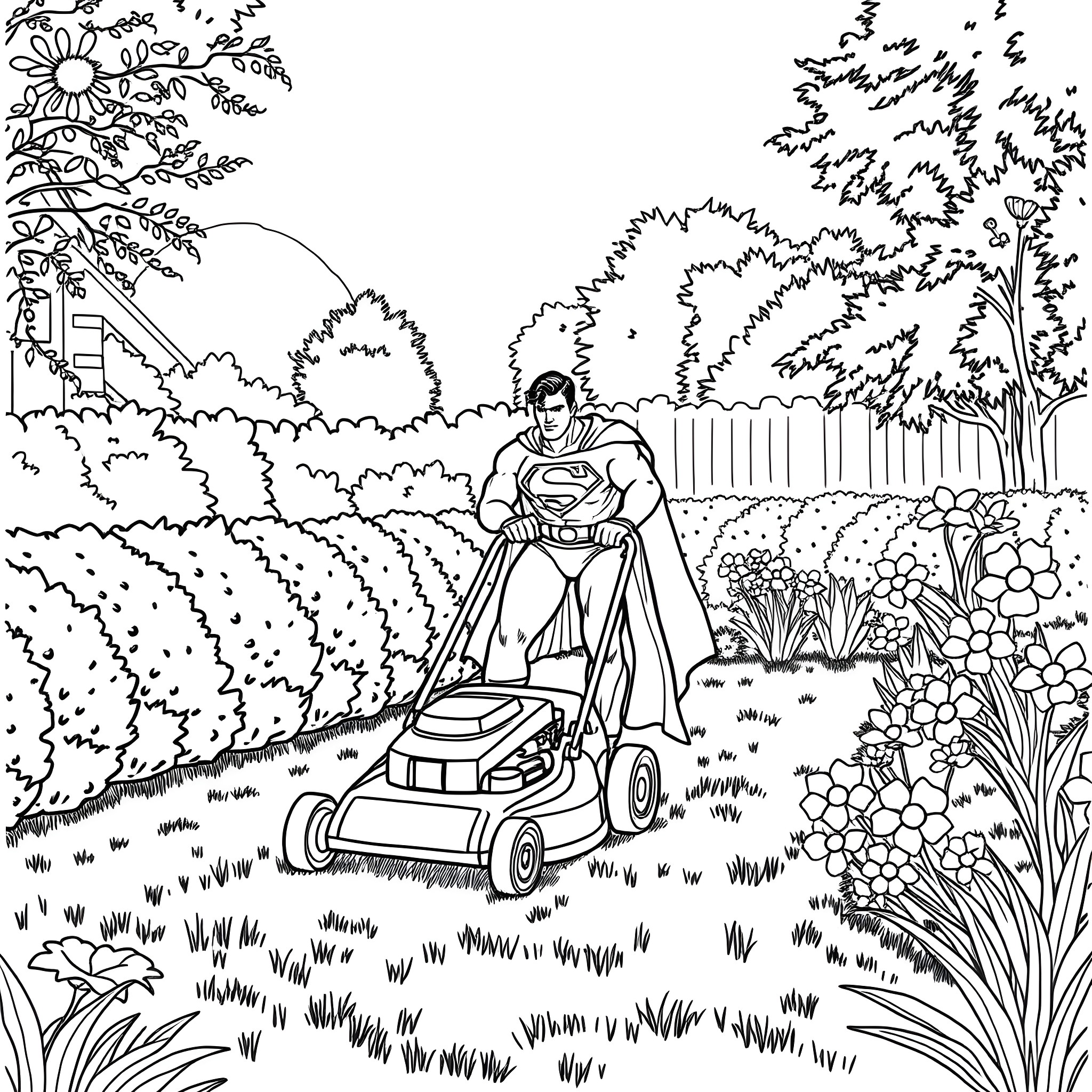 Superman mowing the lawn in a peaceful garden Coloring Page (free black-and-white line drawing printable PDF for all, from beginners to advanced learners, including children, teens, adults, and seniors)