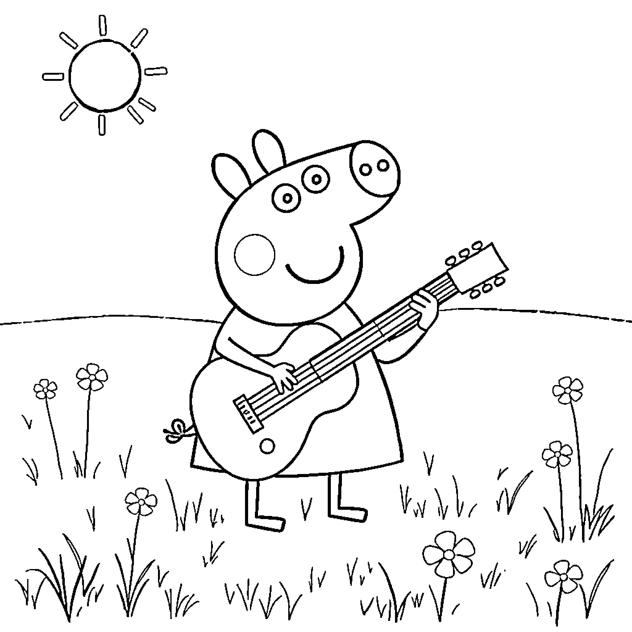 Peppa Pig playing guitar in a sunny meadow Coloring Page (free black-and-white line drawing printable PDF for all, from beginners to advanced learners, including children, teens, adults, and seniors)