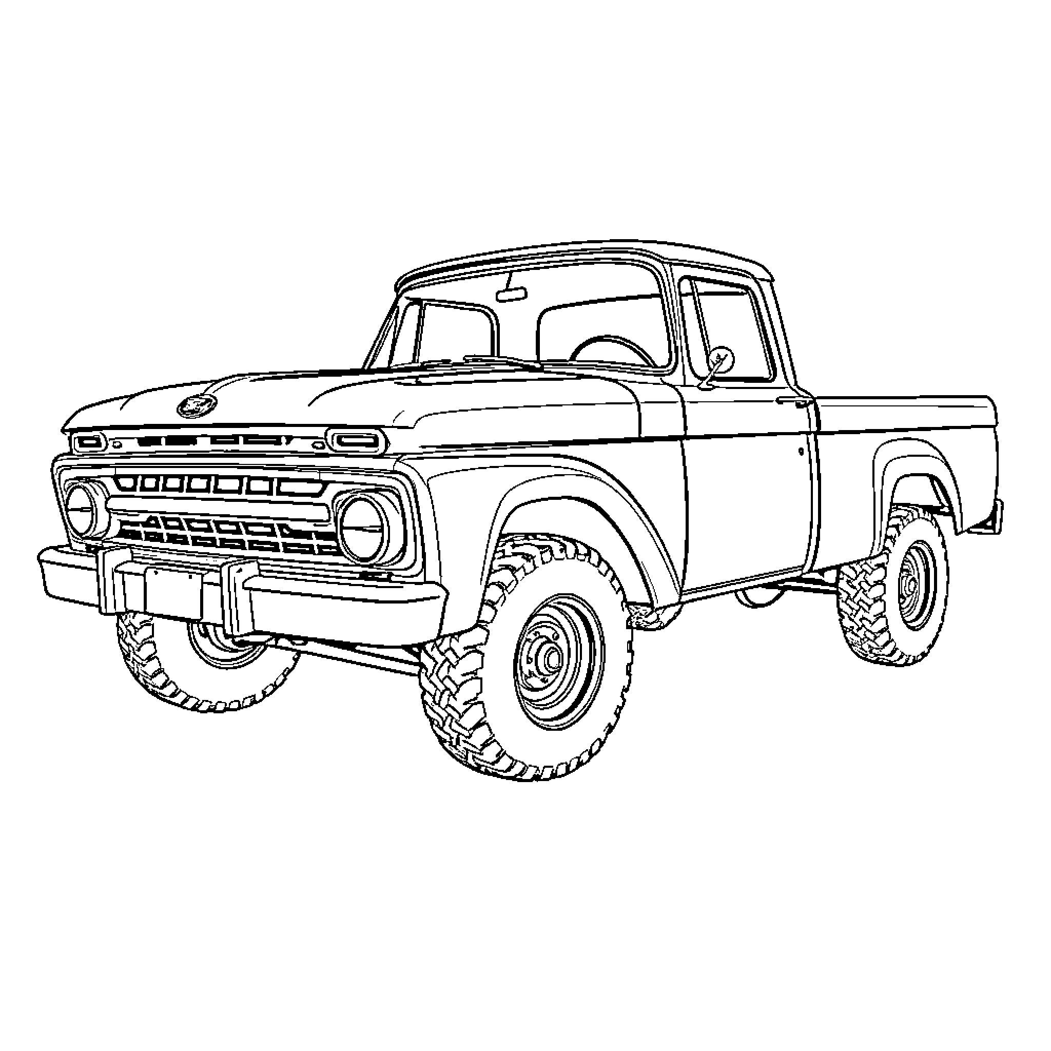 Ford F100 off-road truck in rugged terrain Coloring Page (free black-and-white line drawing printable PDF for all, from beginners to advanced learners, including children, teens, adults, and seniors)