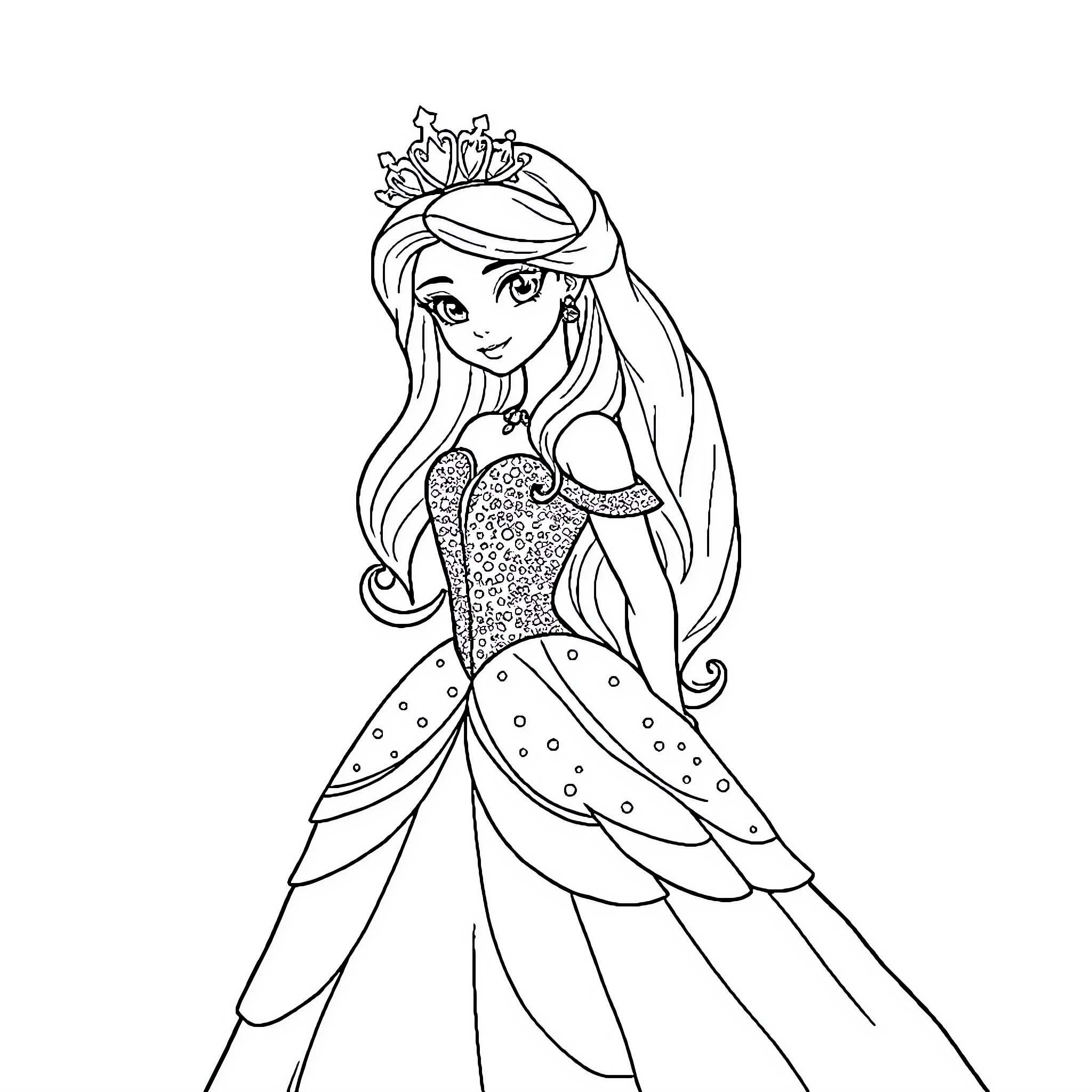 Princess in a Sparkling Gown and Crown Coloring Page (free black-and-white line drawing printable PDF for all, from beginners to advanced learners, including children, teens, adults, and seniors)