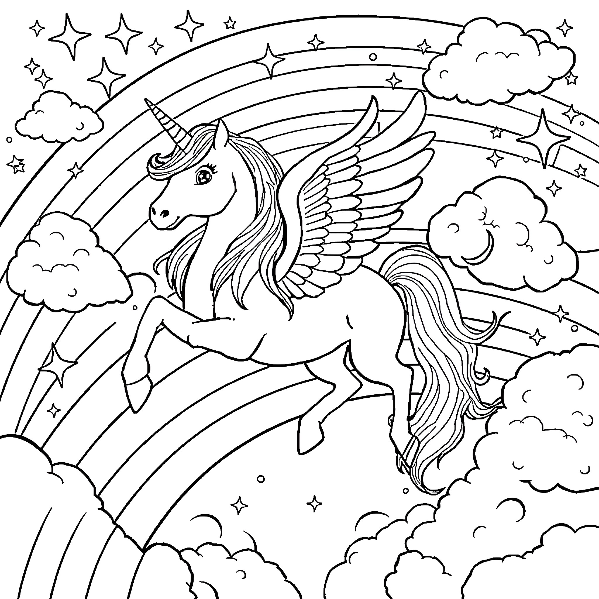 Unicorn flying through starry skies Coloring Page (free black-and-white line drawing printable PDF for all, from beginners to advanced learners, including children, teens, adults, and seniors)
