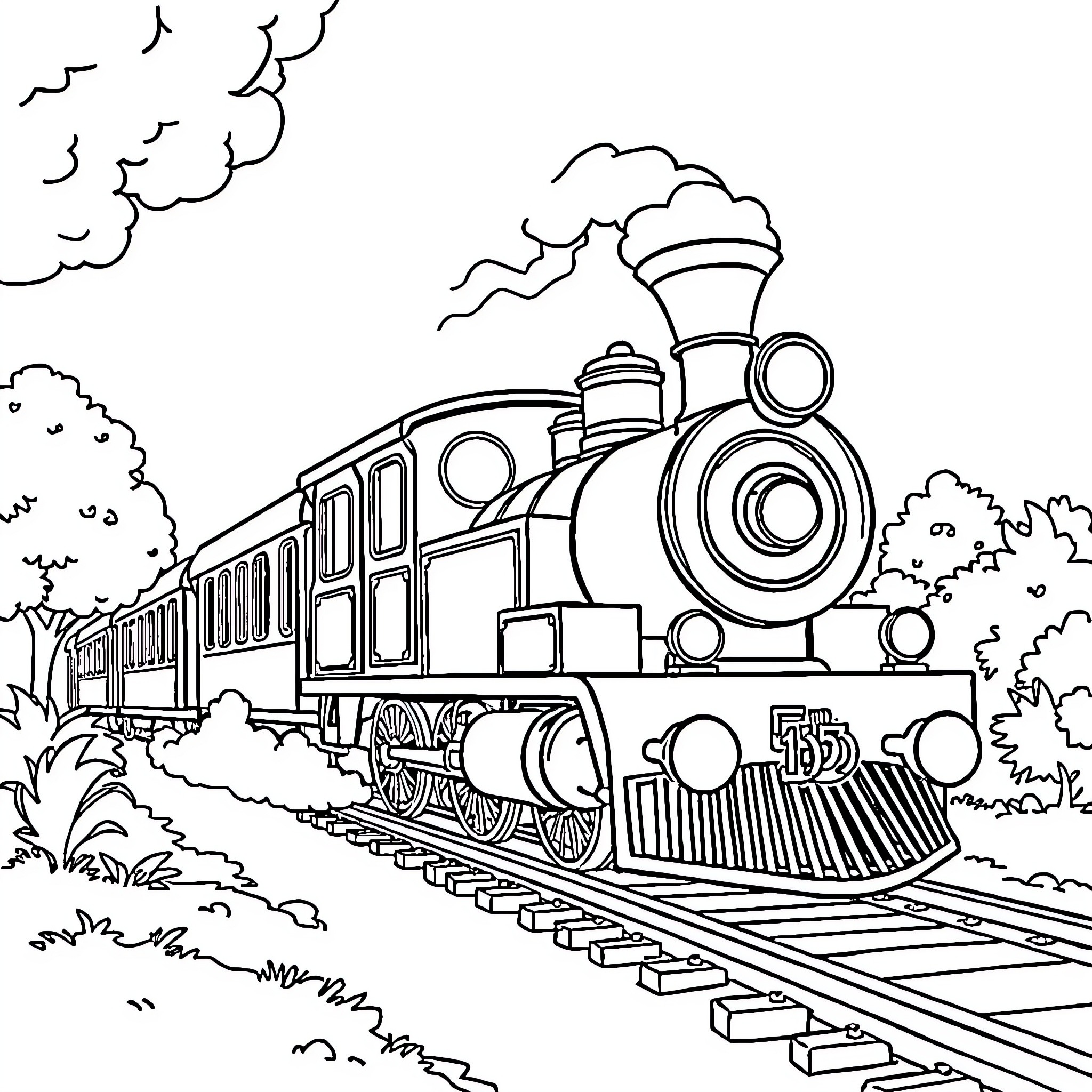 Train traveling through scenic landscape Coloring Page (free black-and-white line drawing printable PDF for all, from beginners to advanced learners, including children, teens, adults, and seniors)