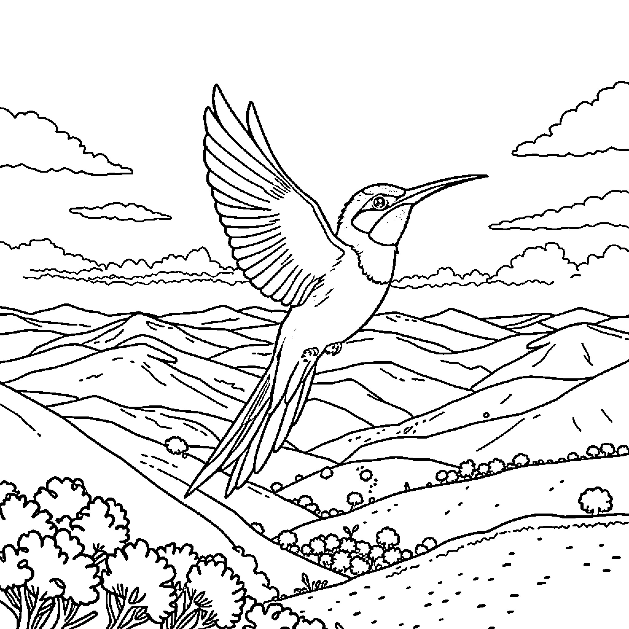 Bird soaring over scenic mountain landscape Coloring Page (free black-and-white line drawing printable PDF for all, from beginners to advanced learners, including children, teens, adults, and seniors)