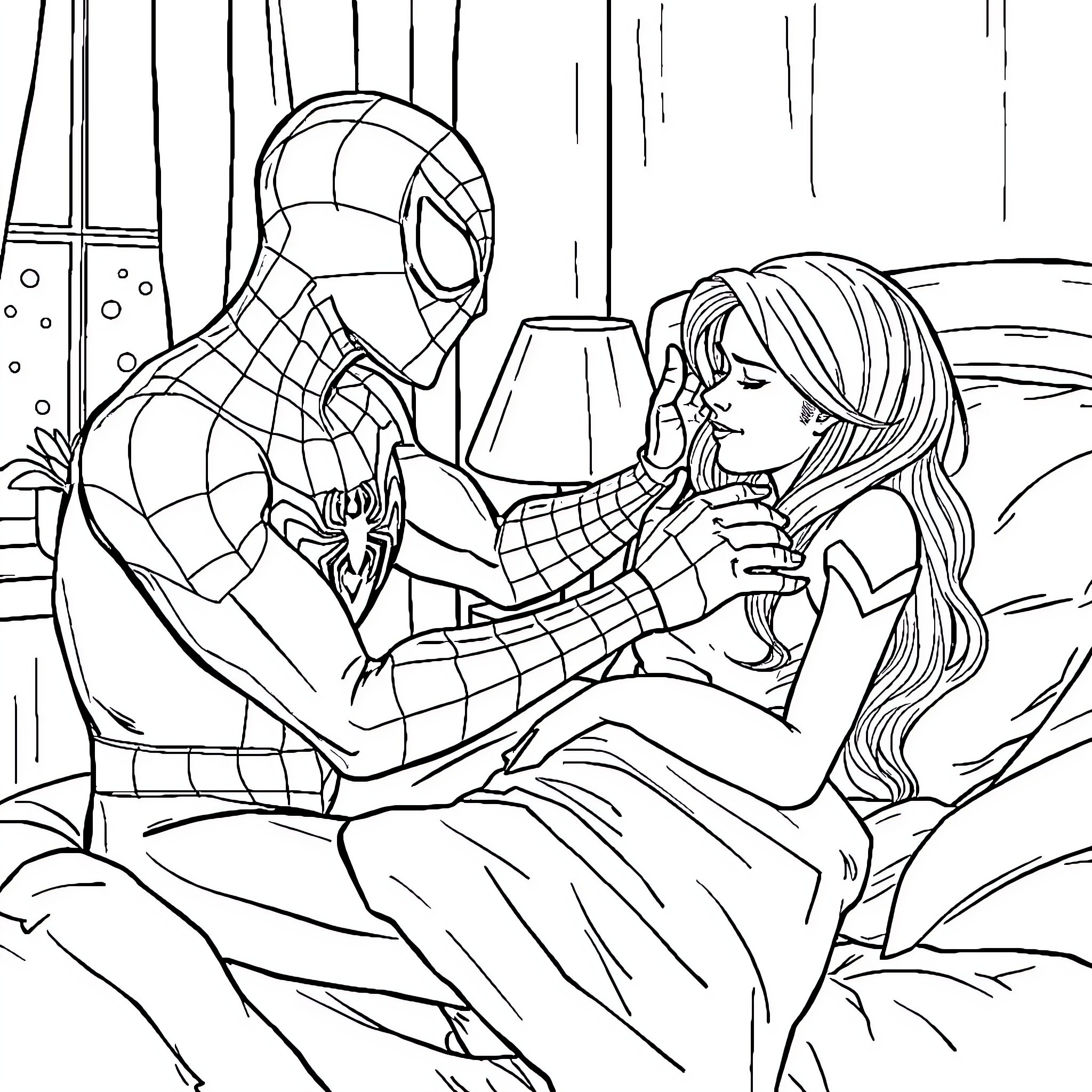 Spiderman comforting a distressed woman Coloring Page (free black-and-white line drawing printable PDF for all, from beginners to advanced learners, including children, teens, adults, and seniors)