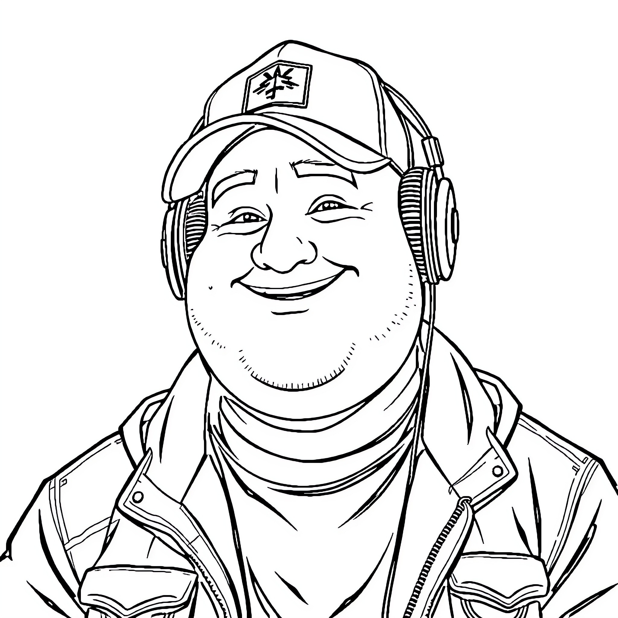 Guy with headphones and cap showing a friendly expression Coloring Page (free black-and-white line drawing printable PDF for all, from beginners to advanced learners, including children, teens, adults, and seniors)