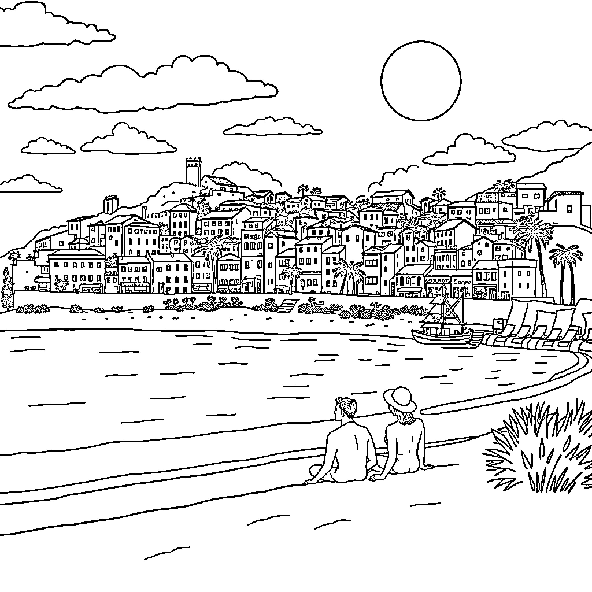 Couple enjoying the view of a seaside town Coloring Page (free black-and-white line drawing printable PDF for all, from beginners to advanced learners, including children, teens, adults, and seniors)