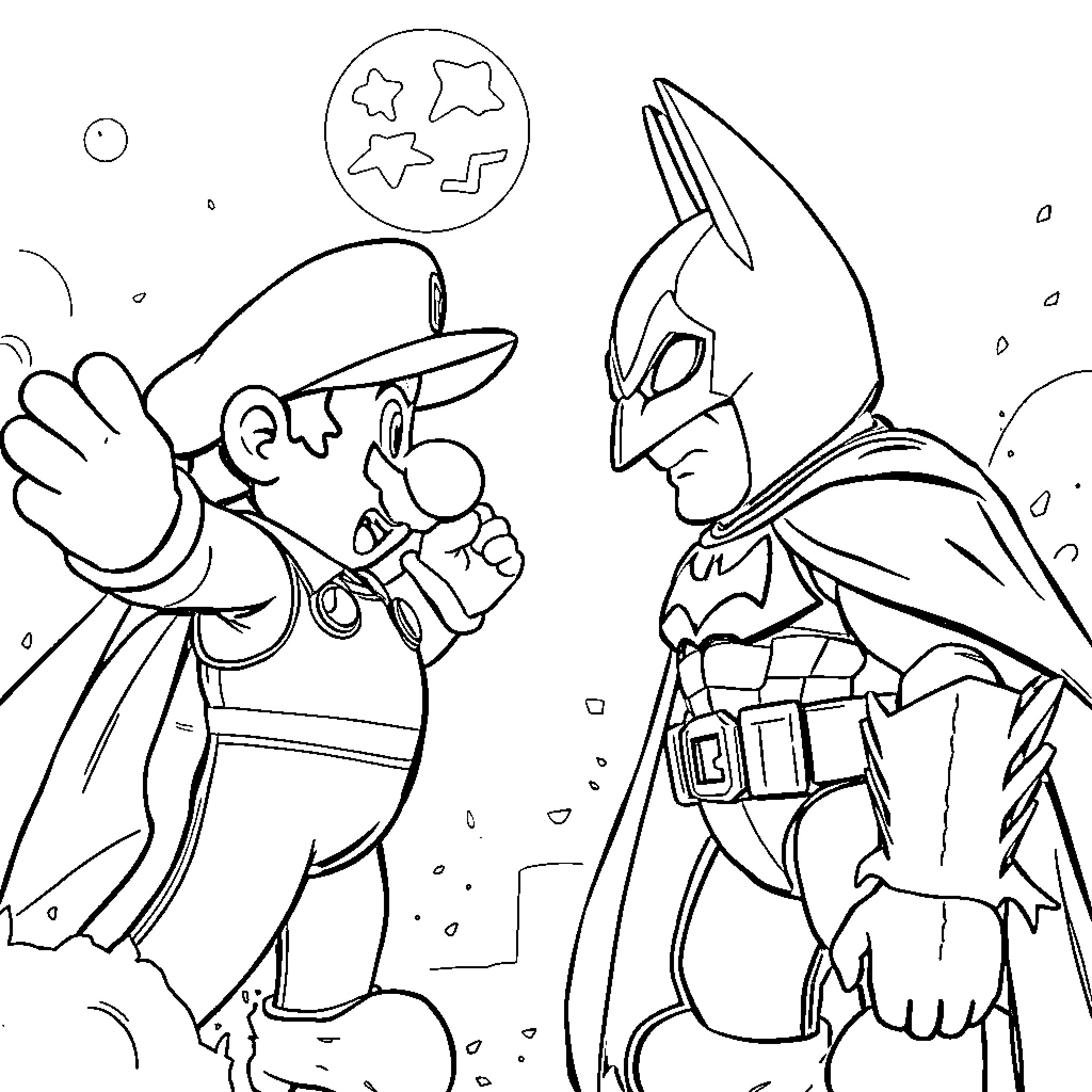 Mario and Batman in an animated confrontation Coloring Page (free black-and-white line drawing printable PDF for all, from beginners to advanced learners, including children, teens, adults, and seniors)