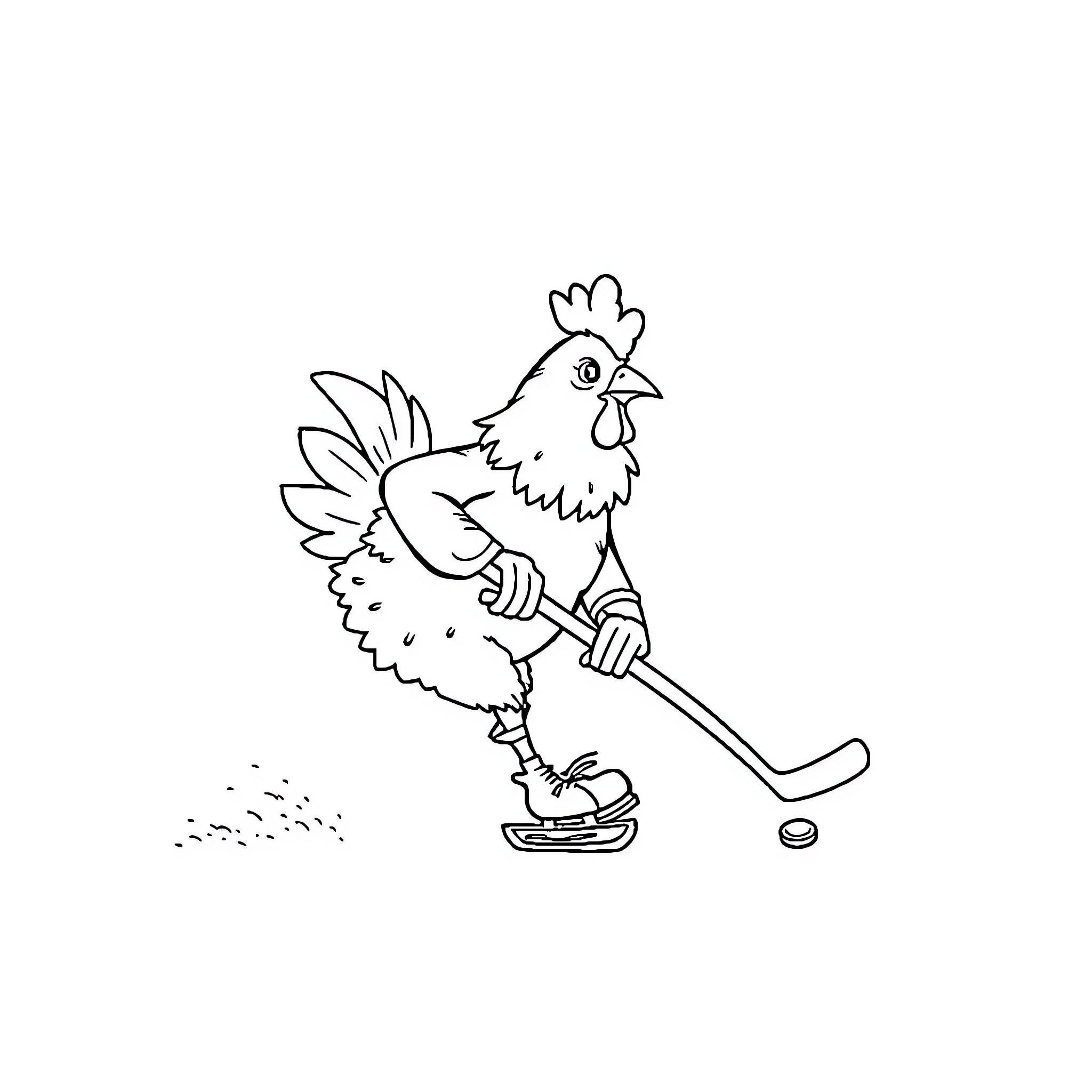 Chicken playing hockey on ice rink Coloring Page (free black-and-white line drawing printable PDF for all, from beginners to advanced learners, including children, teens, adults, and seniors)