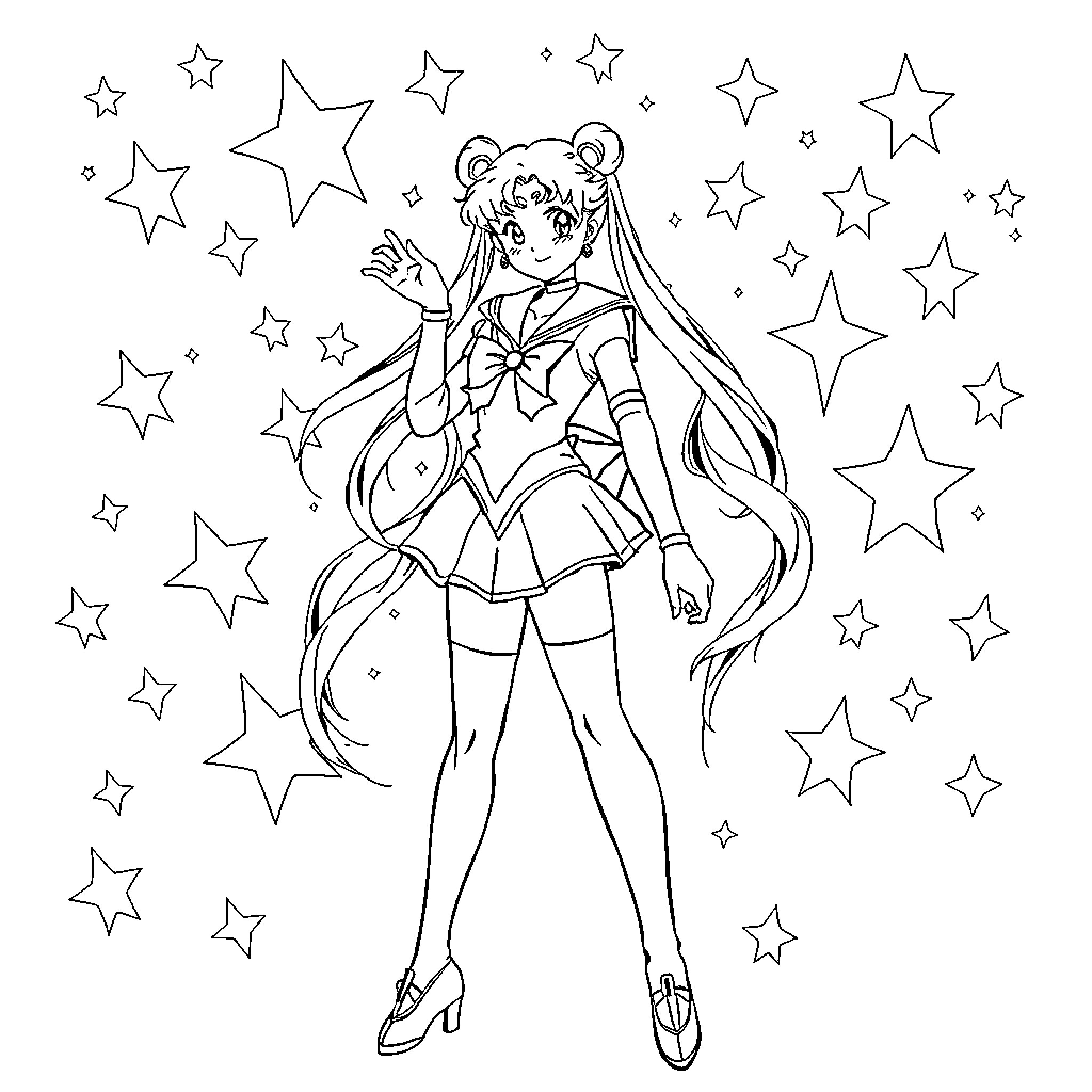 Sailormoon surrounded by stars in a cosmic scene Coloring Page (free black-and-white line drawing printable PDF for all, from beginners to advanced learners, including children, teens, adults, and seniors)