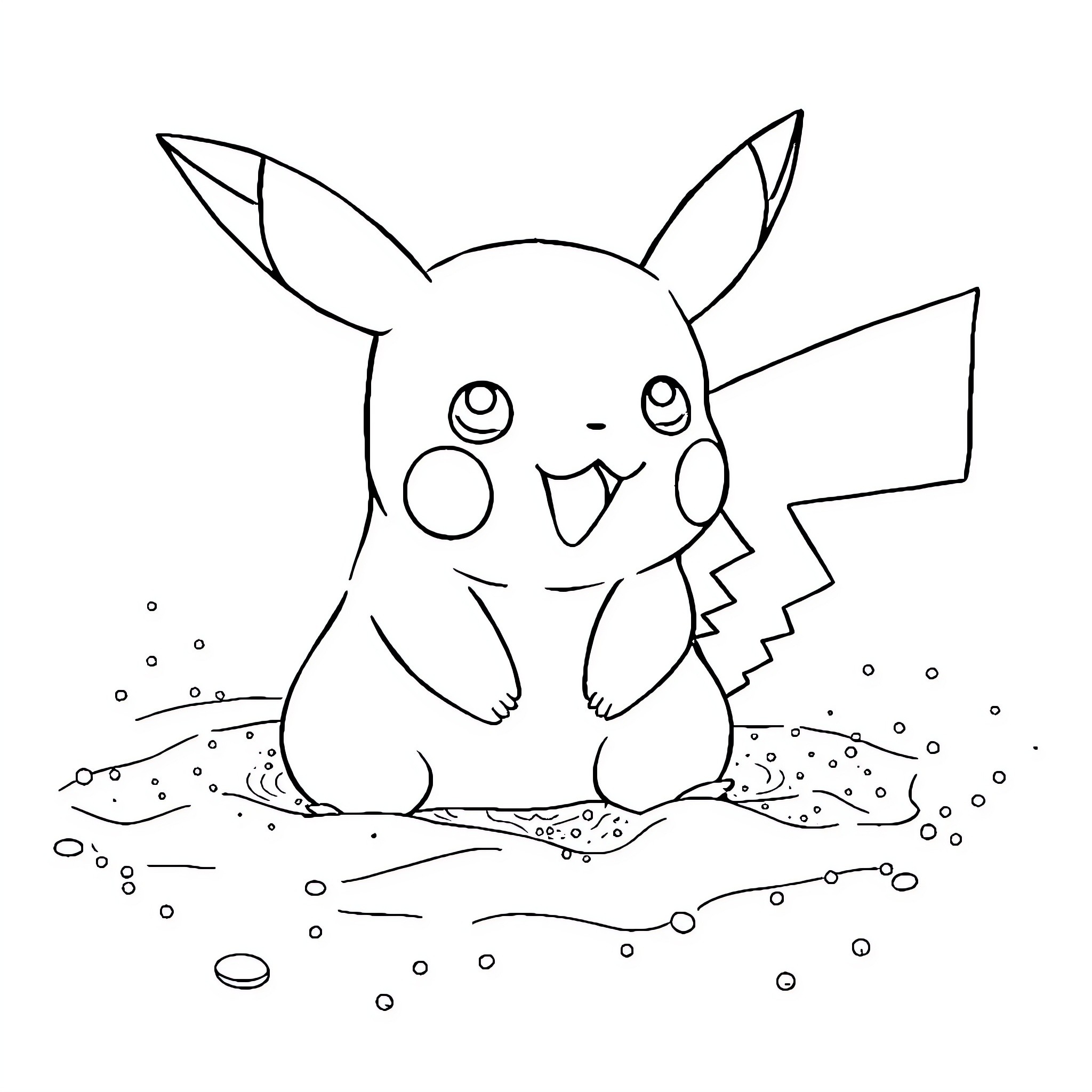 Pikachu sitting and smiling in a simplistic scene Coloring Page (free black-and-white line drawing printable PDF for all, from beginners to advanced learners, including children, teens, adults, and seniors)