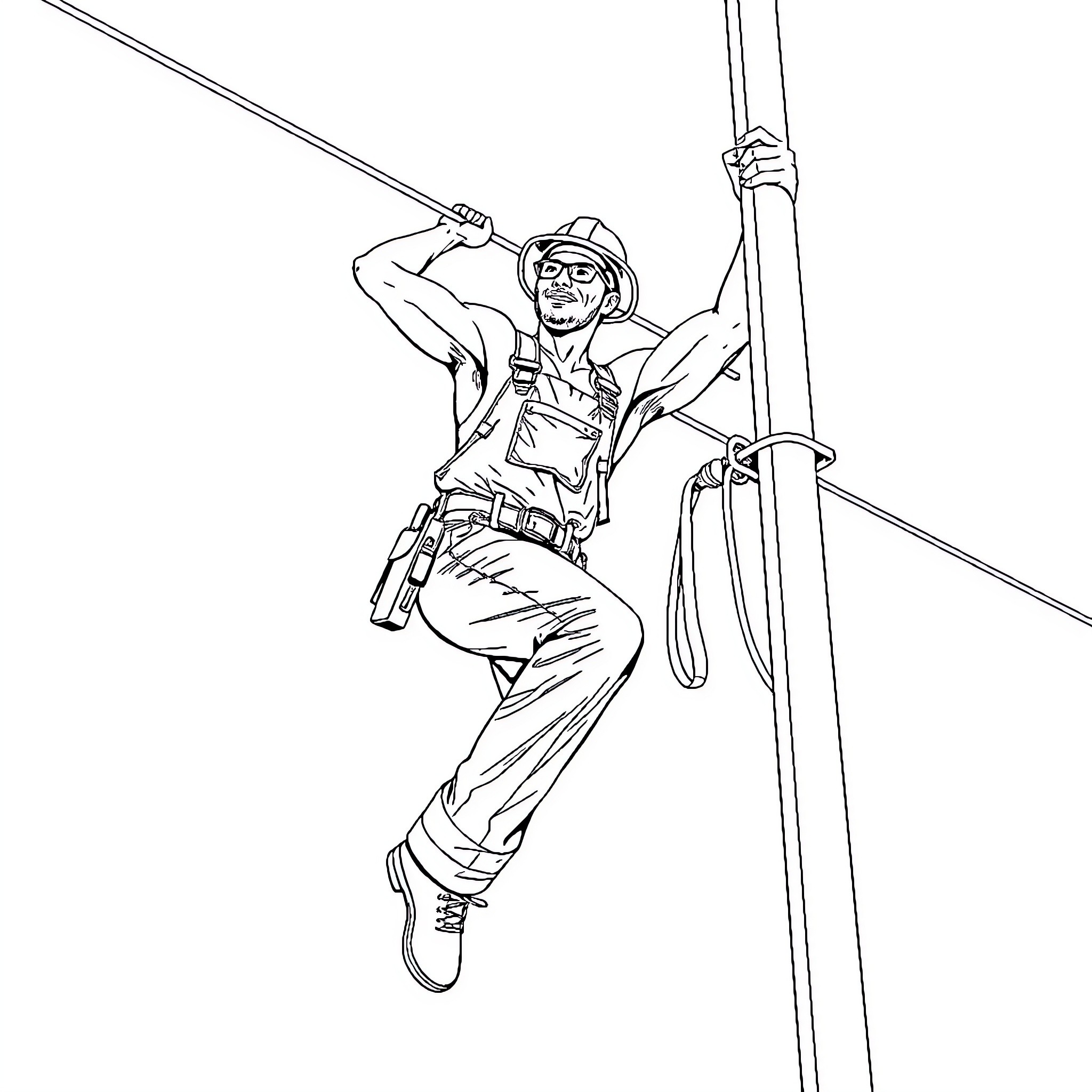 Powerline Technician Scaling and Repairing Electrical Poles Coloring Page (free black-and-white line drawing printable PDF for all, from beginners to advanced learners, including children, teens, adults, and seniors)