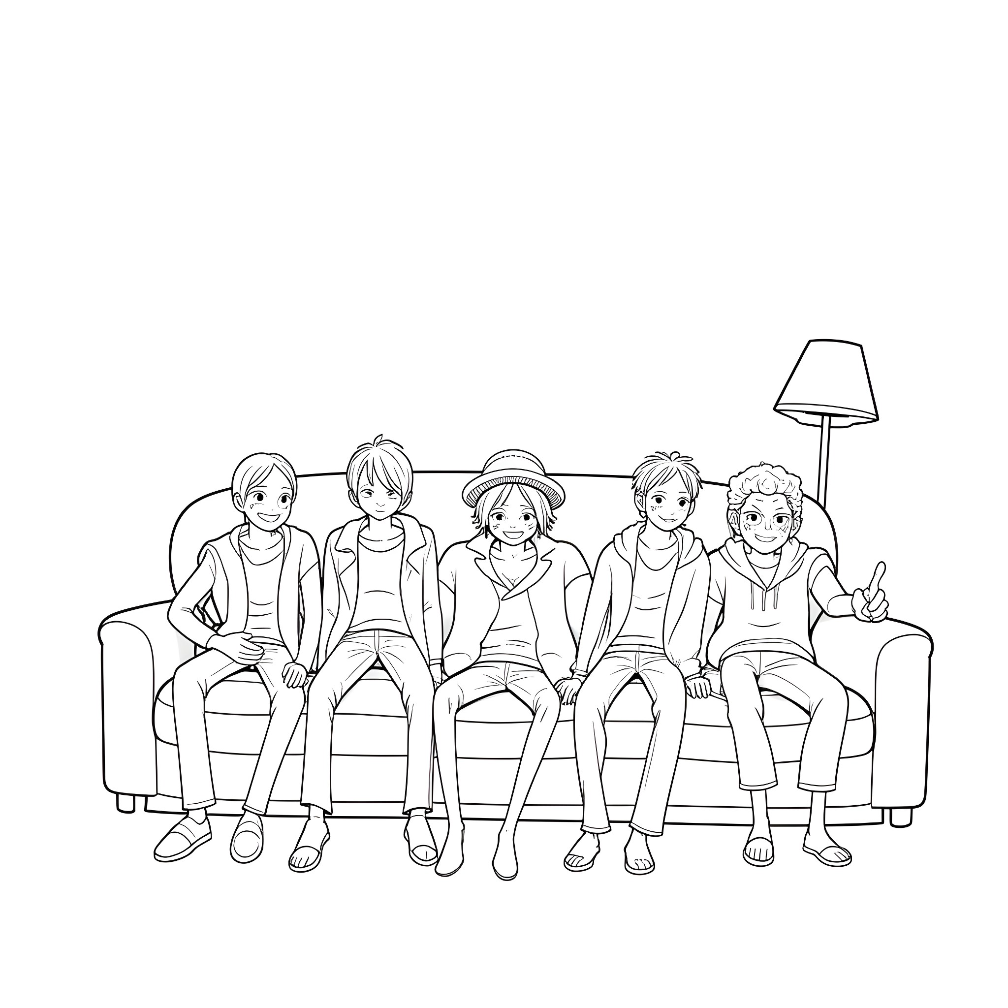 One Piece - Group of friends relaxing on the couch Coloring Page (free black-and-white line drawing printable PDF for all, from beginners to advanced learners, including children, teens, adults, and seniors)