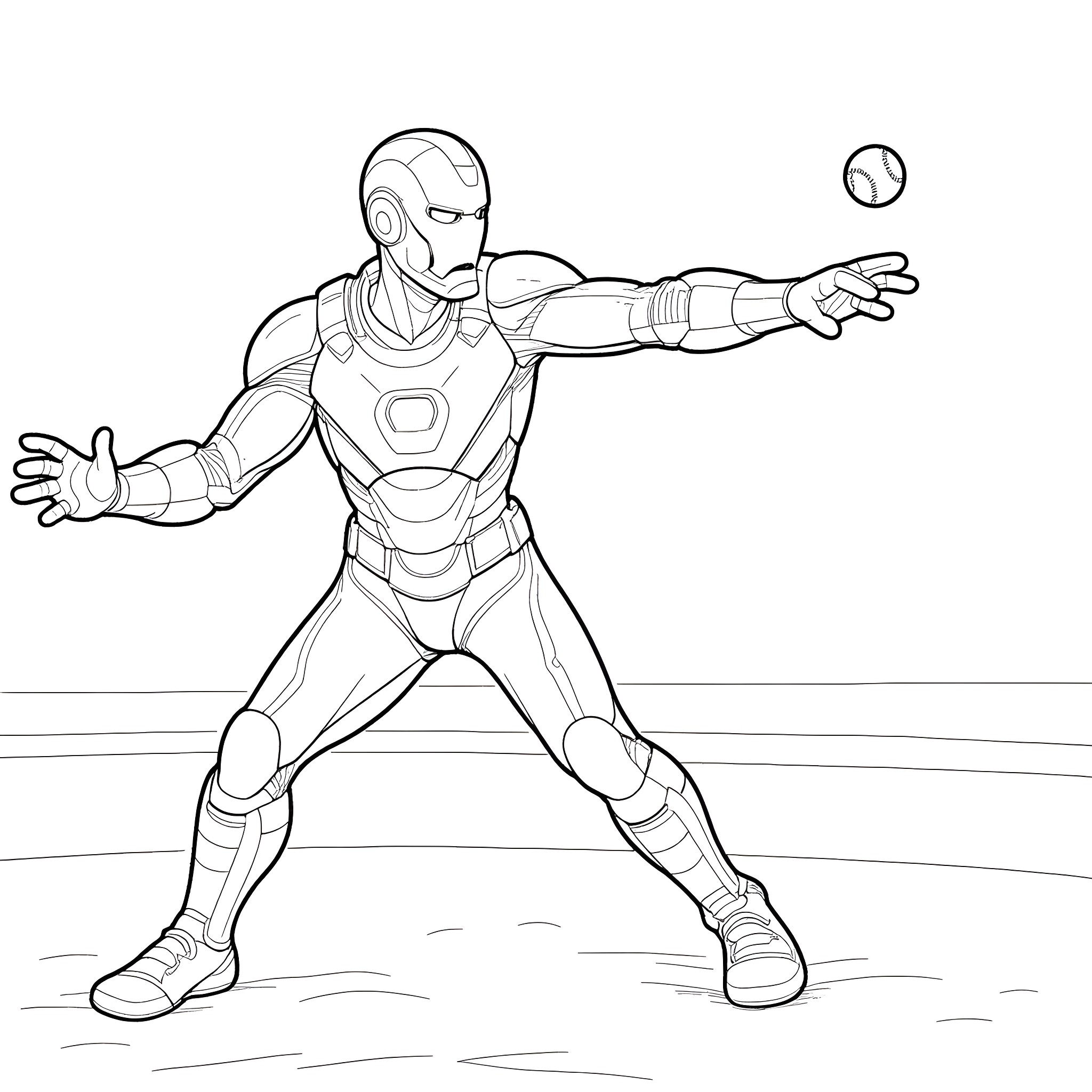 Ironman preparing for action on the field Coloring Page (free black-and-white line drawing printable PDF for all, from beginners to advanced learners, including children, teens, adults, and seniors)