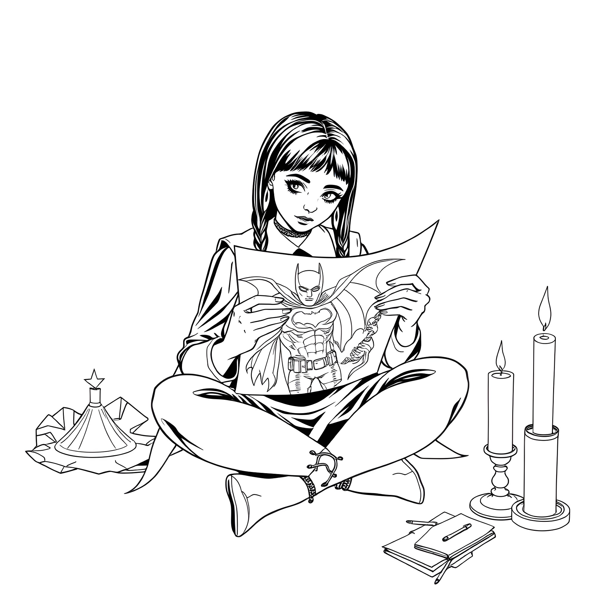 Wednesday reading comics on the floor Coloring Page (free black-and-white line drawing printable PDF for all, from beginners to advanced learners, including children, teens, adults, and seniors)