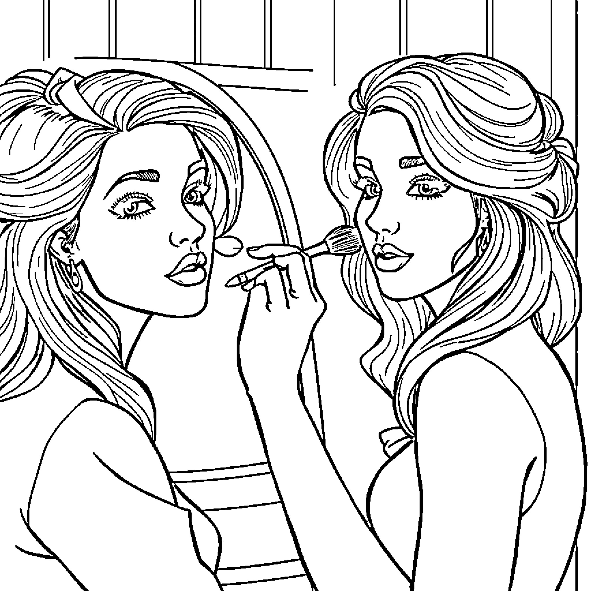 Woman applying makeup in front of mirror Coloring Page (free black-and-white line drawing printable PDF for all, from beginners to advanced learners, including children, teens, adults, and seniors)