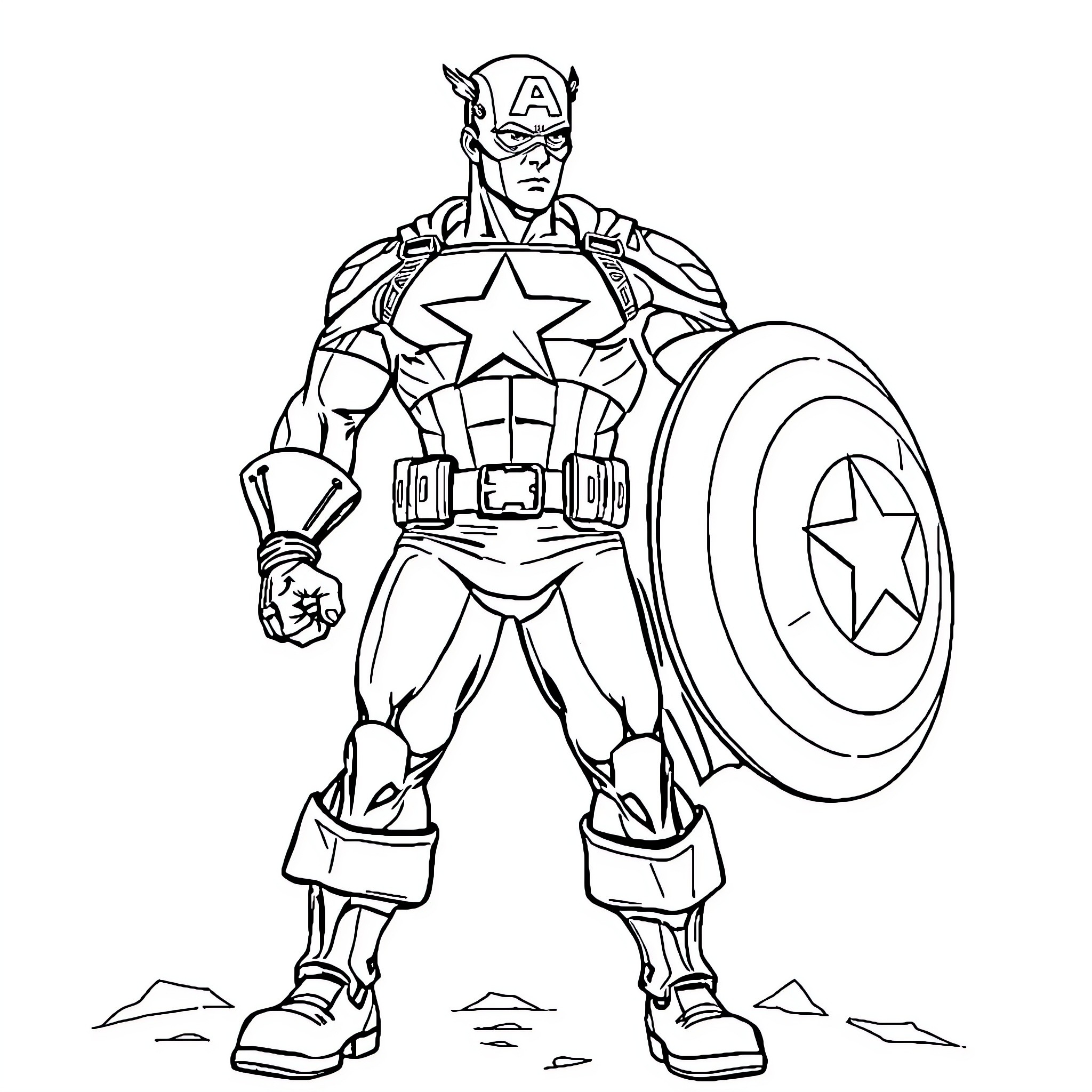 Captain America Heroic Pose with Shield Coloring Page (free black-and-white line drawing printable PDF for all, from beginners to advanced learners, including children, teens, adults, and seniors)