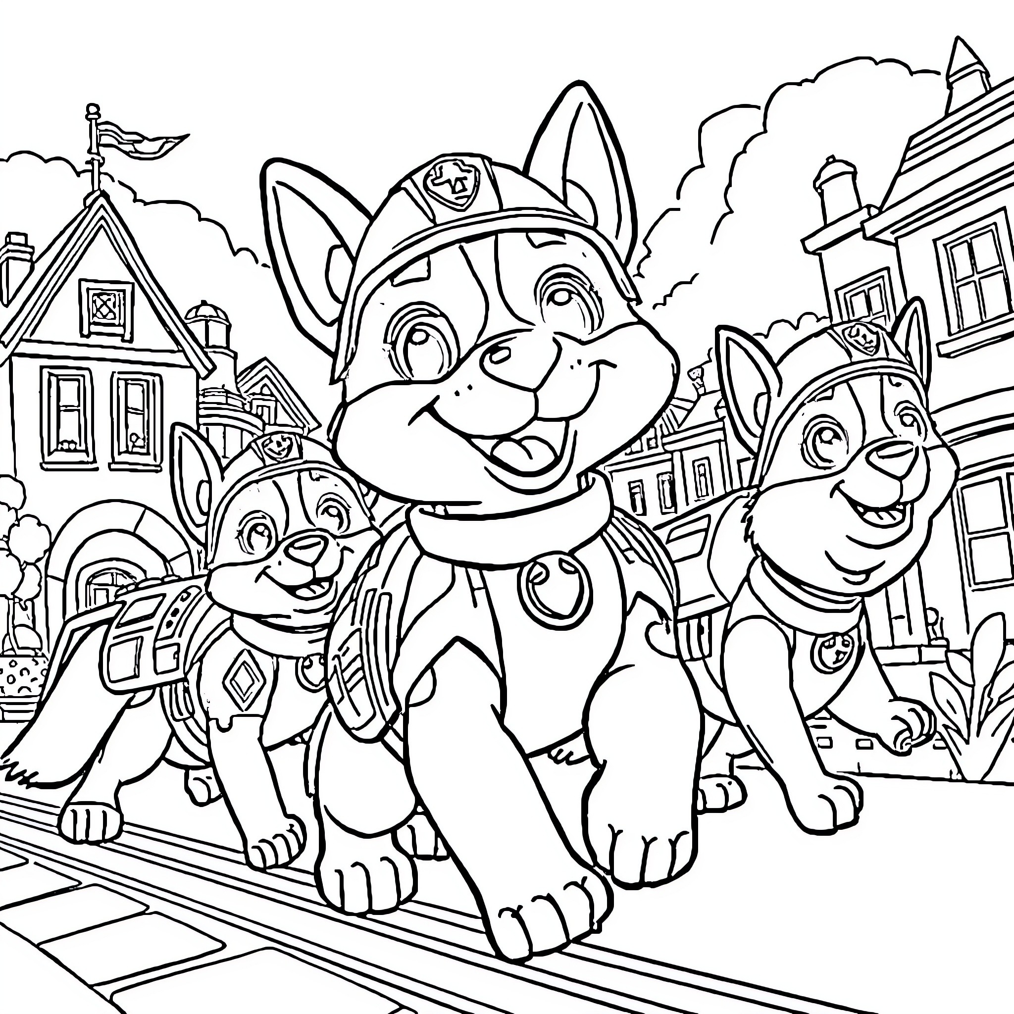 Paw Patrol pups on an adventure in the city Coloring Page (free black-and-white line drawing printable PDF for all, from beginners to advanced learners, including children, teens, adults, and seniors)