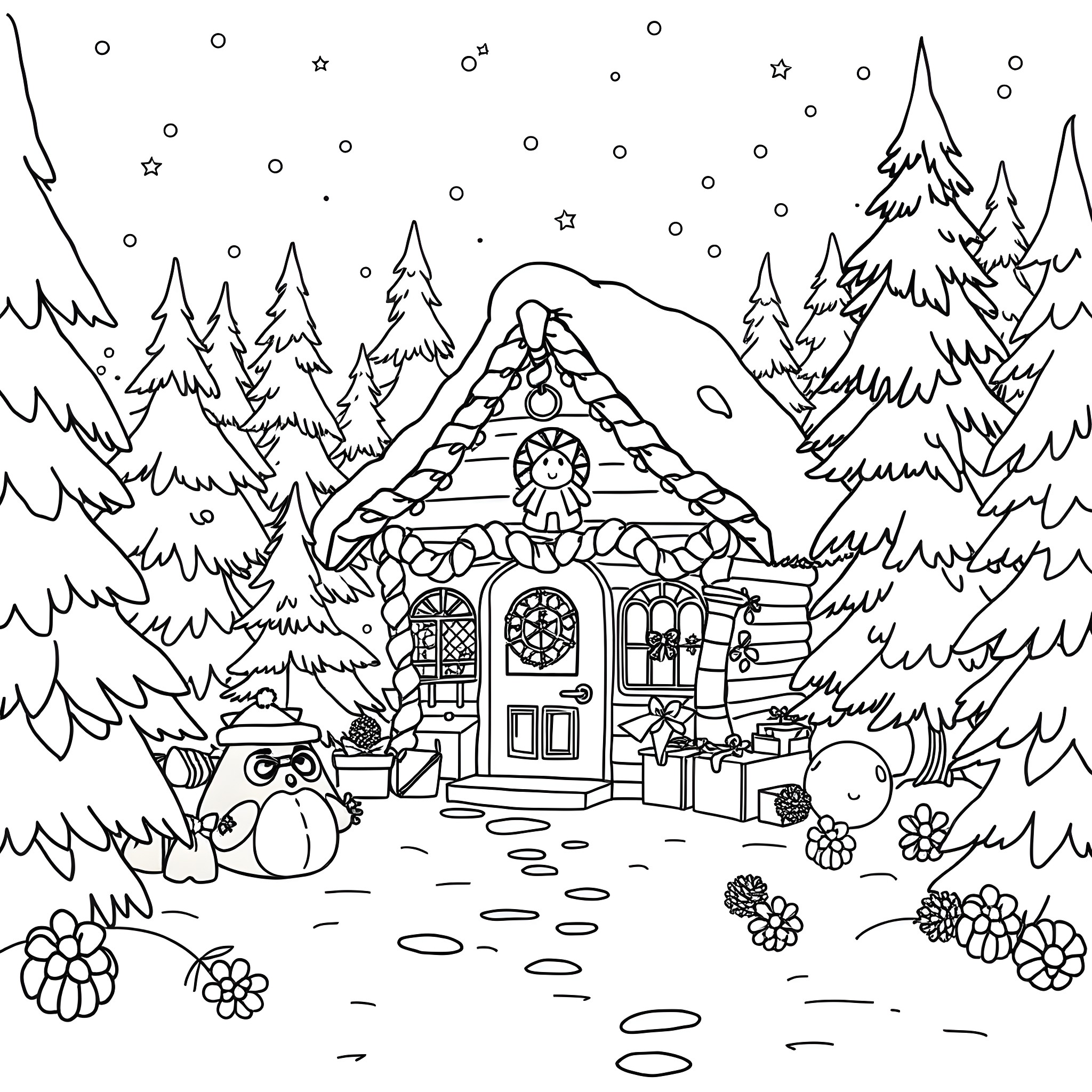 Gravity Falls: Winter Wonderland Cabin Coloring Page (free black-and-white line drawing printable PDF for all, from beginners to advanced learners, including children, teens, adults, and seniors)