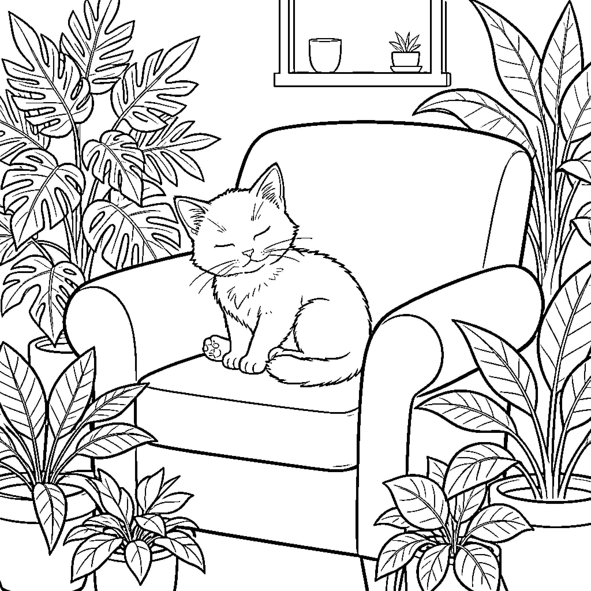 Kitten resting comfortably in armchair surrounded by plants Coloring Page (free black-and-white line drawing printable PDF for all, from beginners to advanced learners, including children, teens, adults, and seniors)