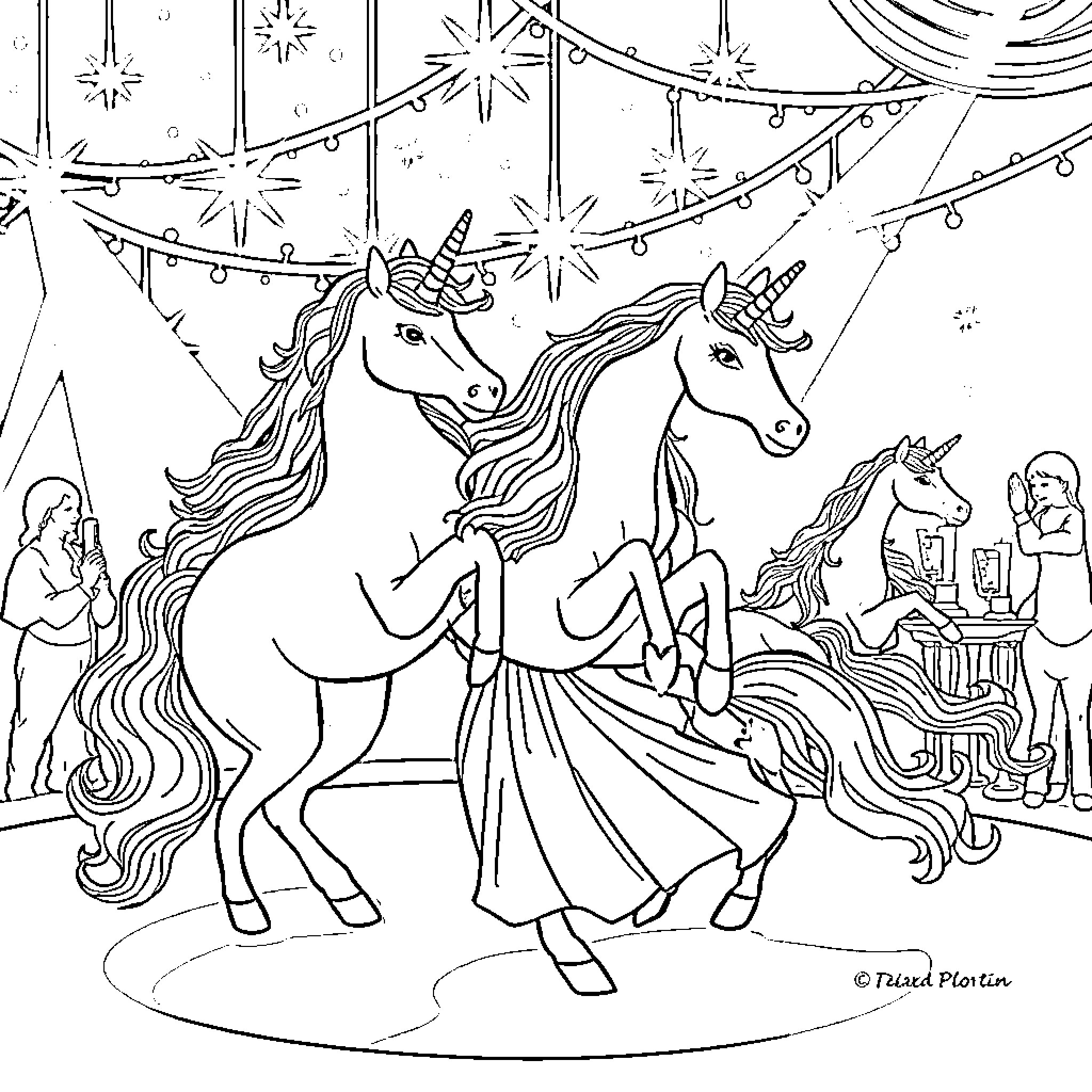 Unicorns in a magical winter wonderland Coloring Page (free black-and-white line drawing printable PDF for all, from beginners to advanced learners, including children, teens, adults, and seniors)