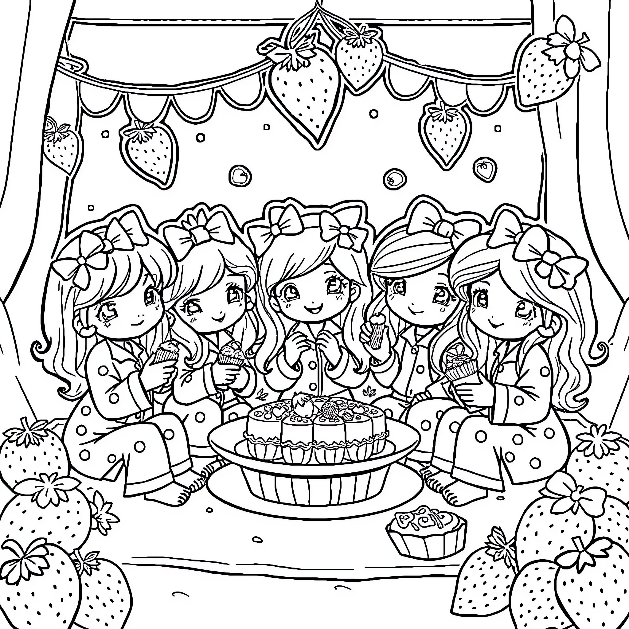 Strawberry Shortcake Girls Celebrate with Cake and Treats Coloring Page (free black-and-white line drawing printable PDF for all, from beginners to advanced learners, including children, teens, adults, and seniors)
