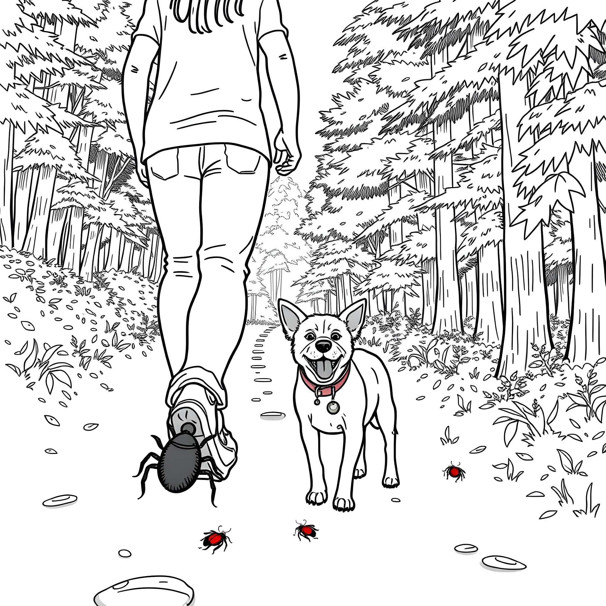 Person walking a happy dog in the forest Coloring Page (free black-and-white line drawing printable PDF for all, from beginners to advanced learners, including children, teens, adults, and seniors)
