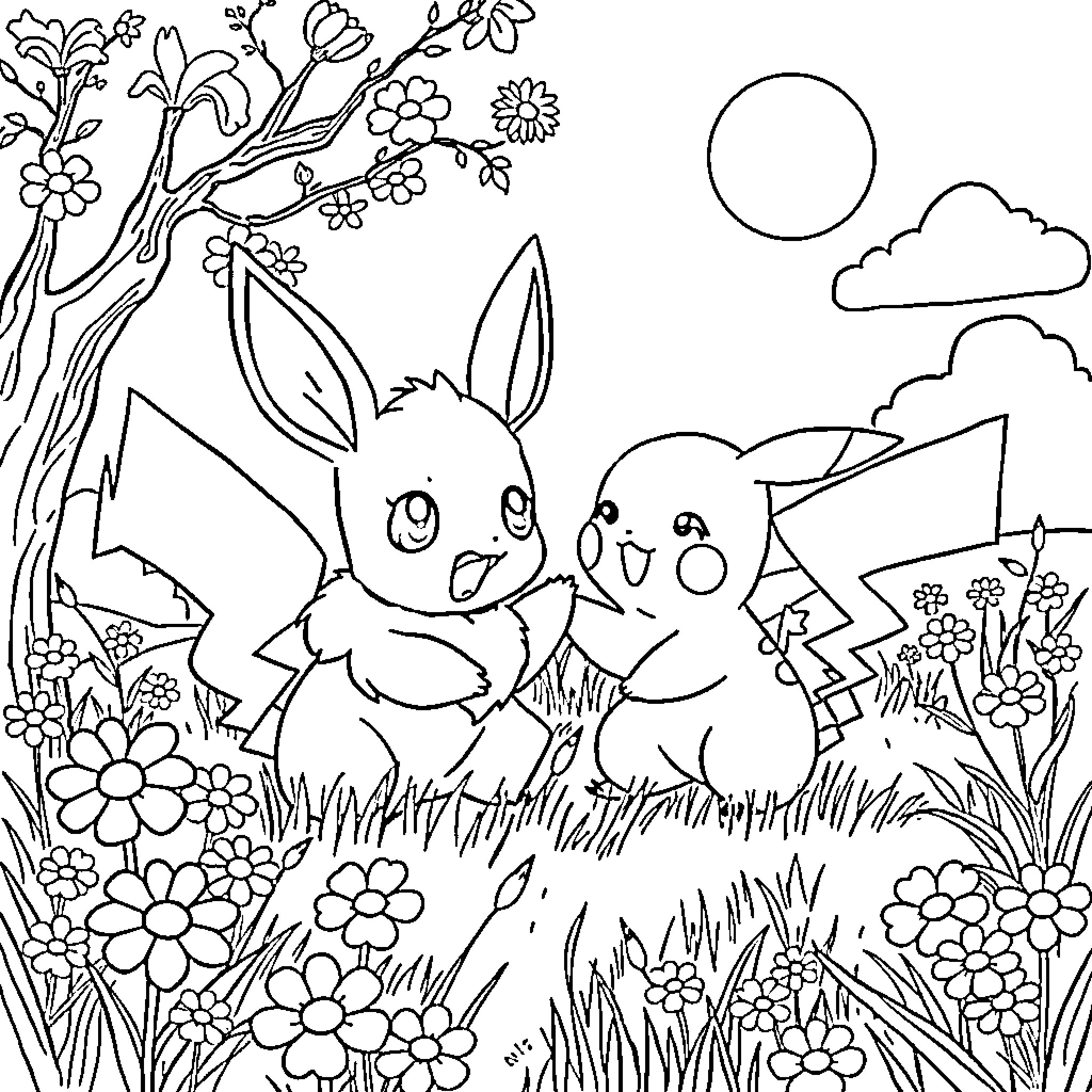 Eevee Friends Frolicking in the Floral Meadow Coloring Page (free black-and-white line drawing printable PDF for all, from beginners to advanced learners, including children, teens, adults, and seniors)