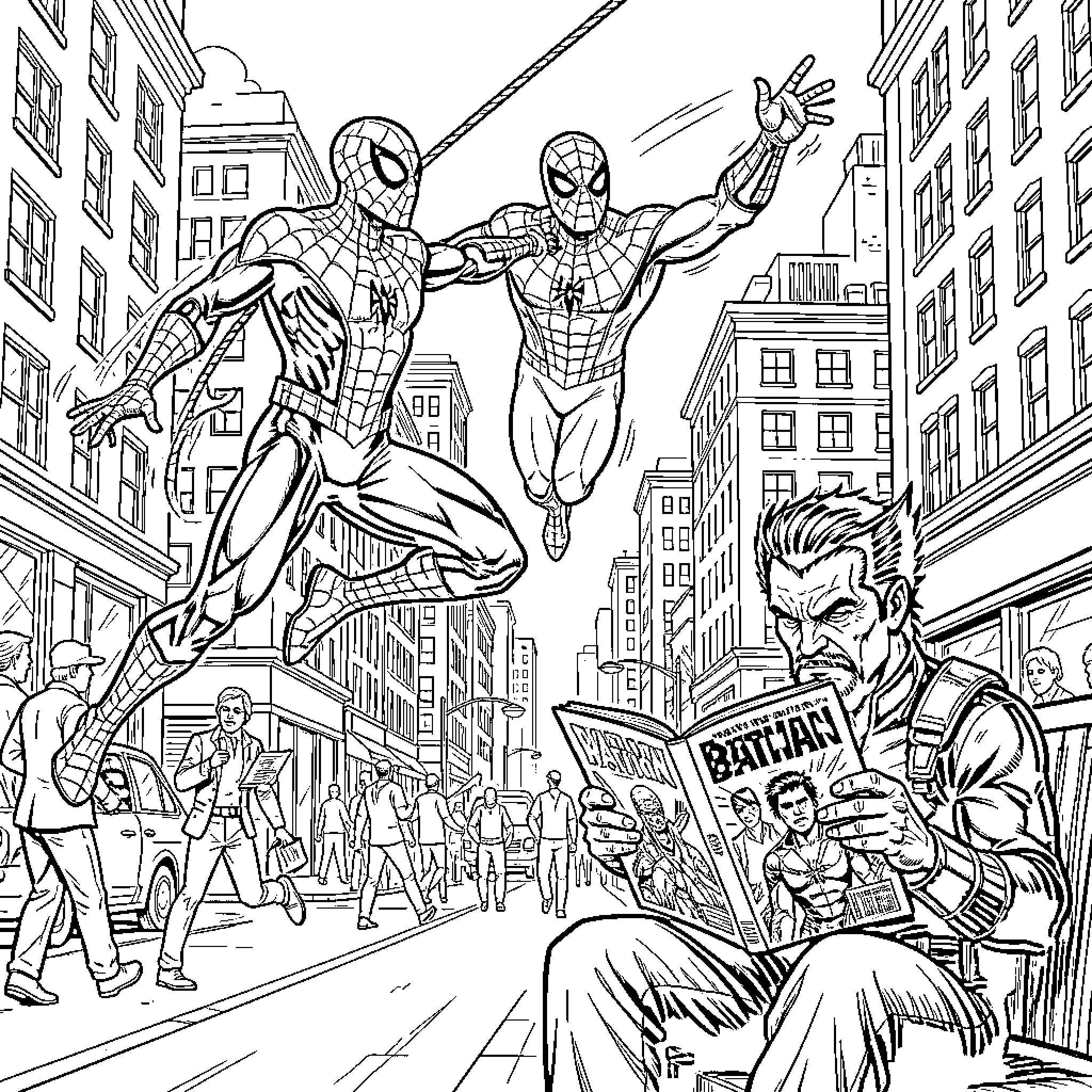 Spiderman swinging through a busy city street Coloring Page (free black-and-white line drawing printable PDF for all, from beginners to advanced learners, including children, teens, adults, and seniors)