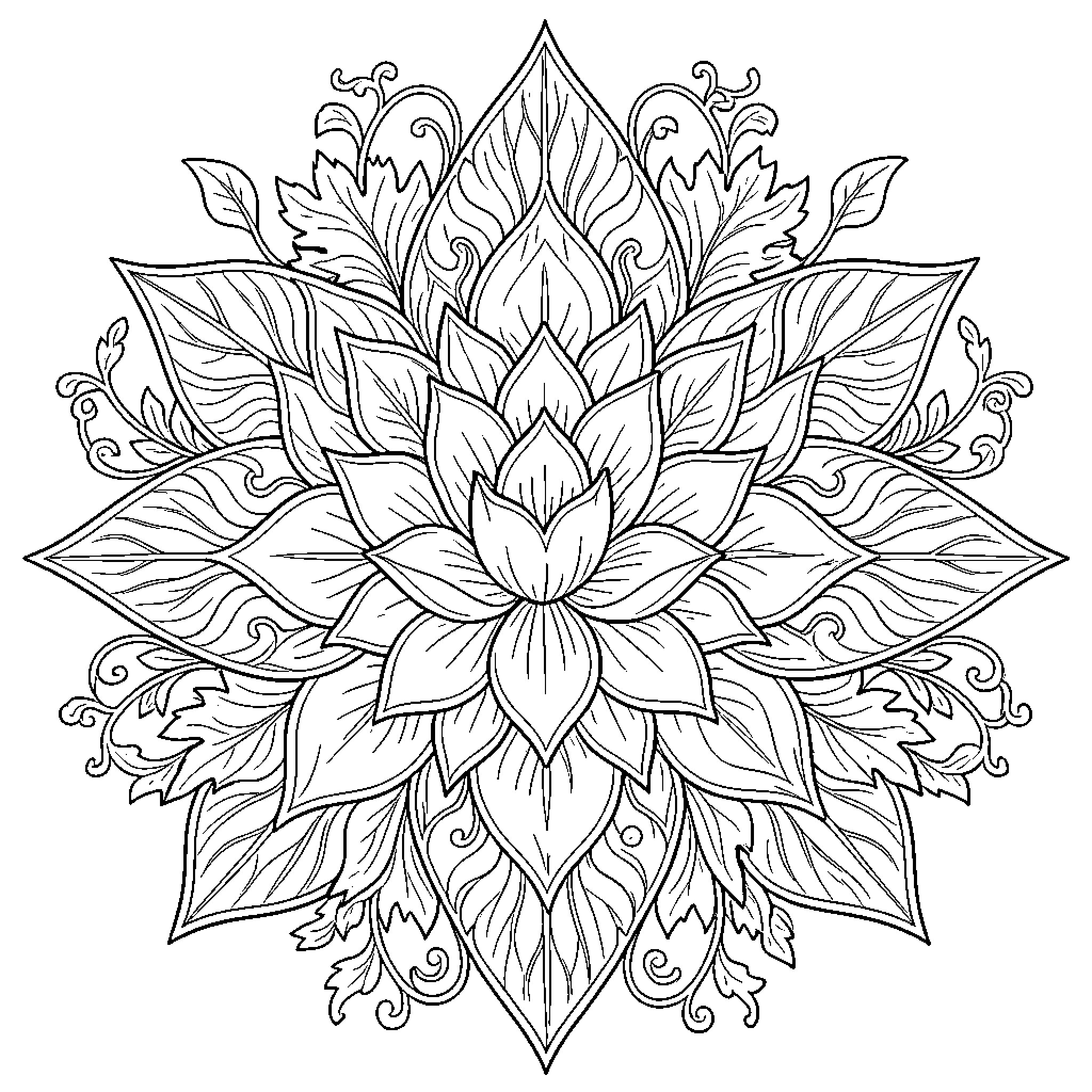 Mandala of Ornate Floral Elements Coloring Page (free black-and-white line drawing printable PDF for all, from beginners to advanced learners, including children, teens, adults, and seniors)