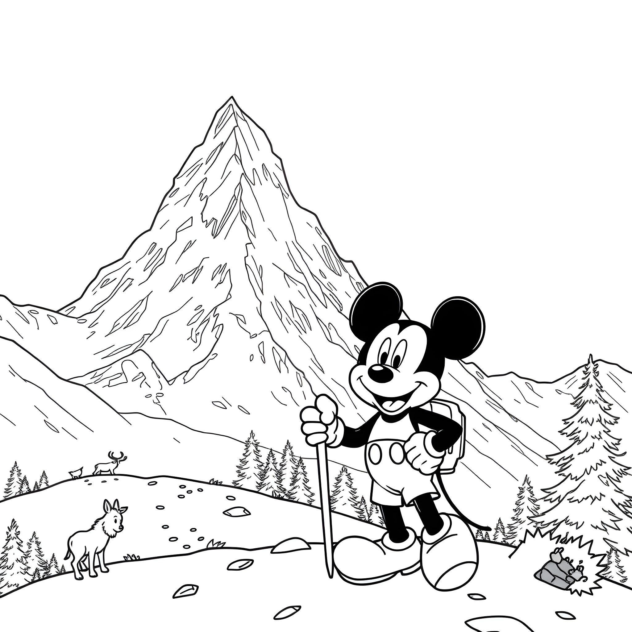 Mickey Mouse hiking in the mountains Coloring Page (free black-and-white line drawing printable PDF for all, from beginners to advanced learners, including children, teens, adults, and seniors)