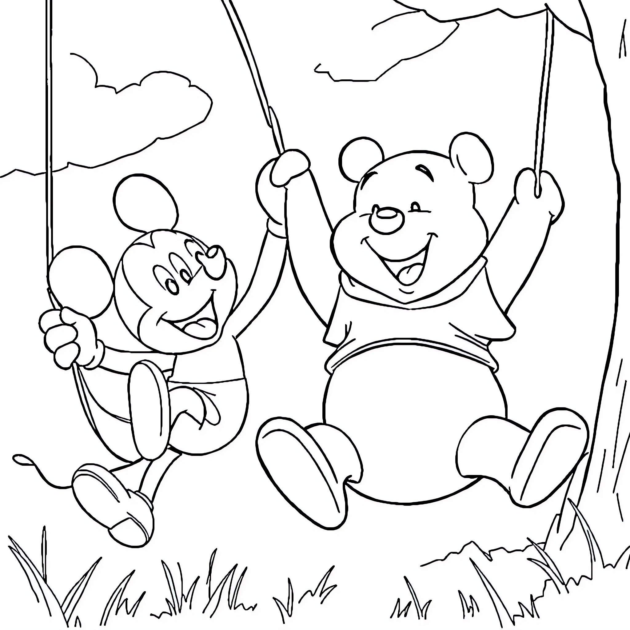 Pooh and Friend Swinging Happily on a Sunny Day Coloring Page (free black-and-white line drawing printable PDF for all, from beginners to advanced learners, including children, teens, adults, and seniors)