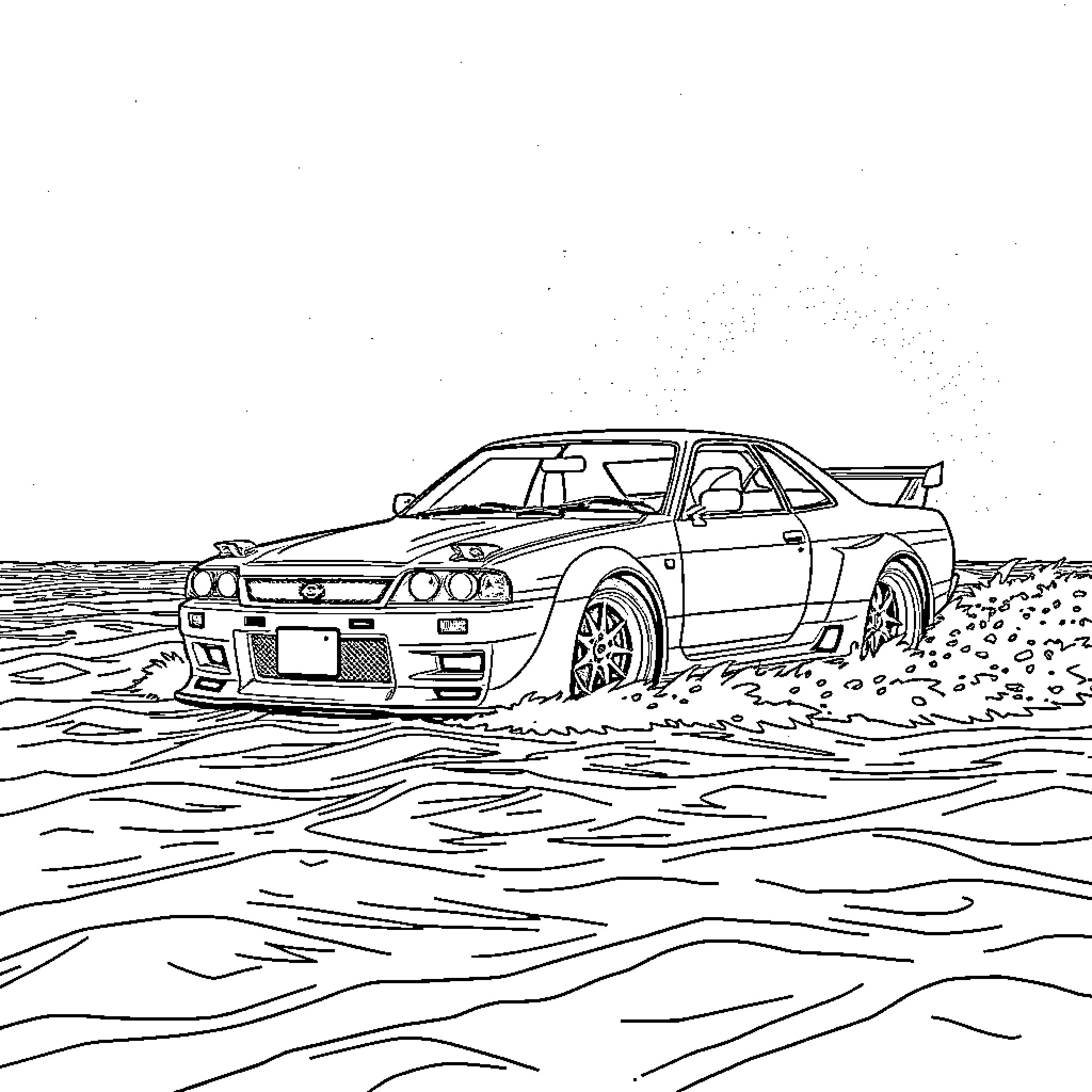 Nissan Skyline racing through rugged terrain Coloring Page (free black-and-white line drawing printable PDF for all, from beginners to advanced learners, including children, teens, adults, and seniors)