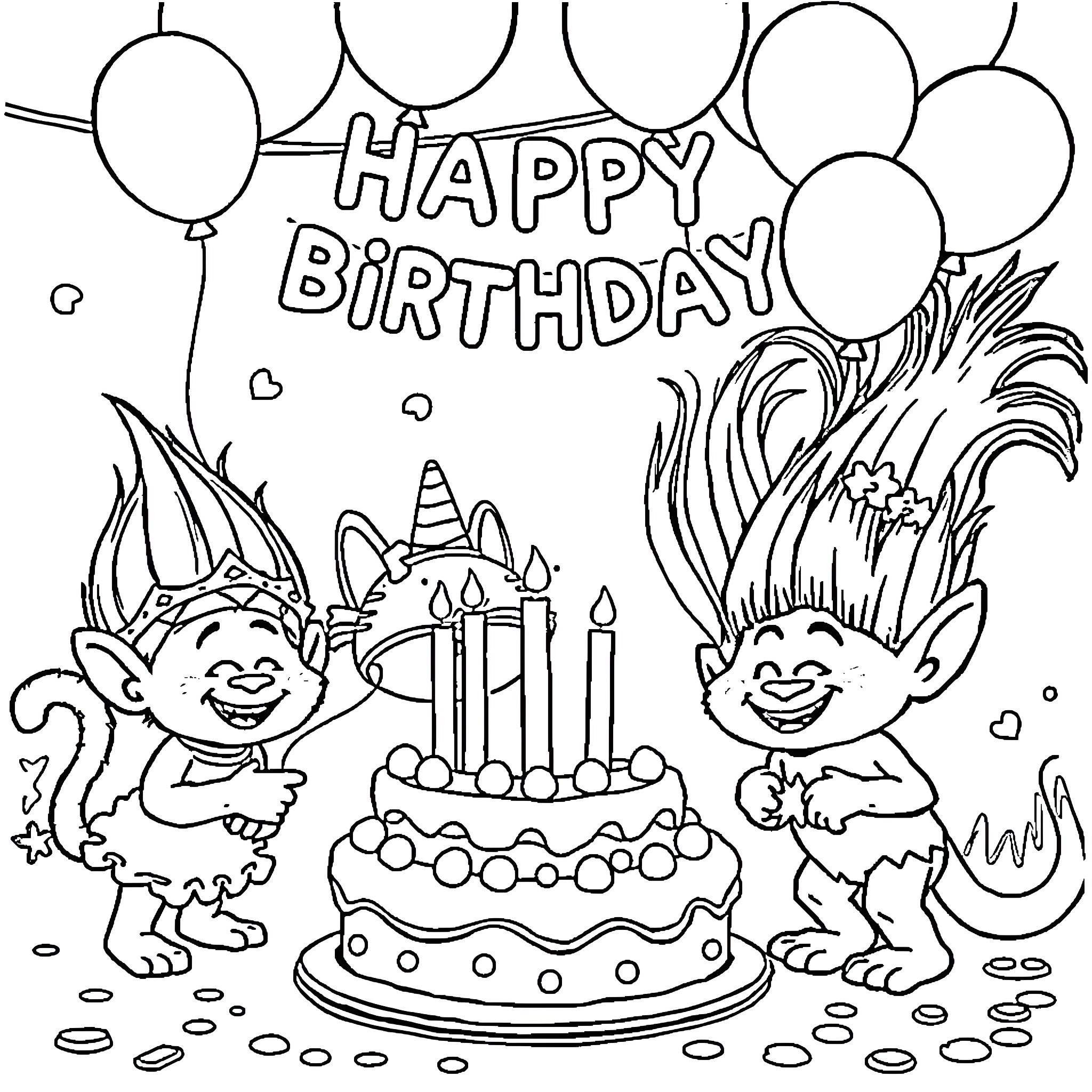 Troll Celebration with Birthday Cake and Balloons Coloring Page (free black-and-white line drawing printable PDF for all, from beginners to advanced learners, including children, teens, adults, and seniors)