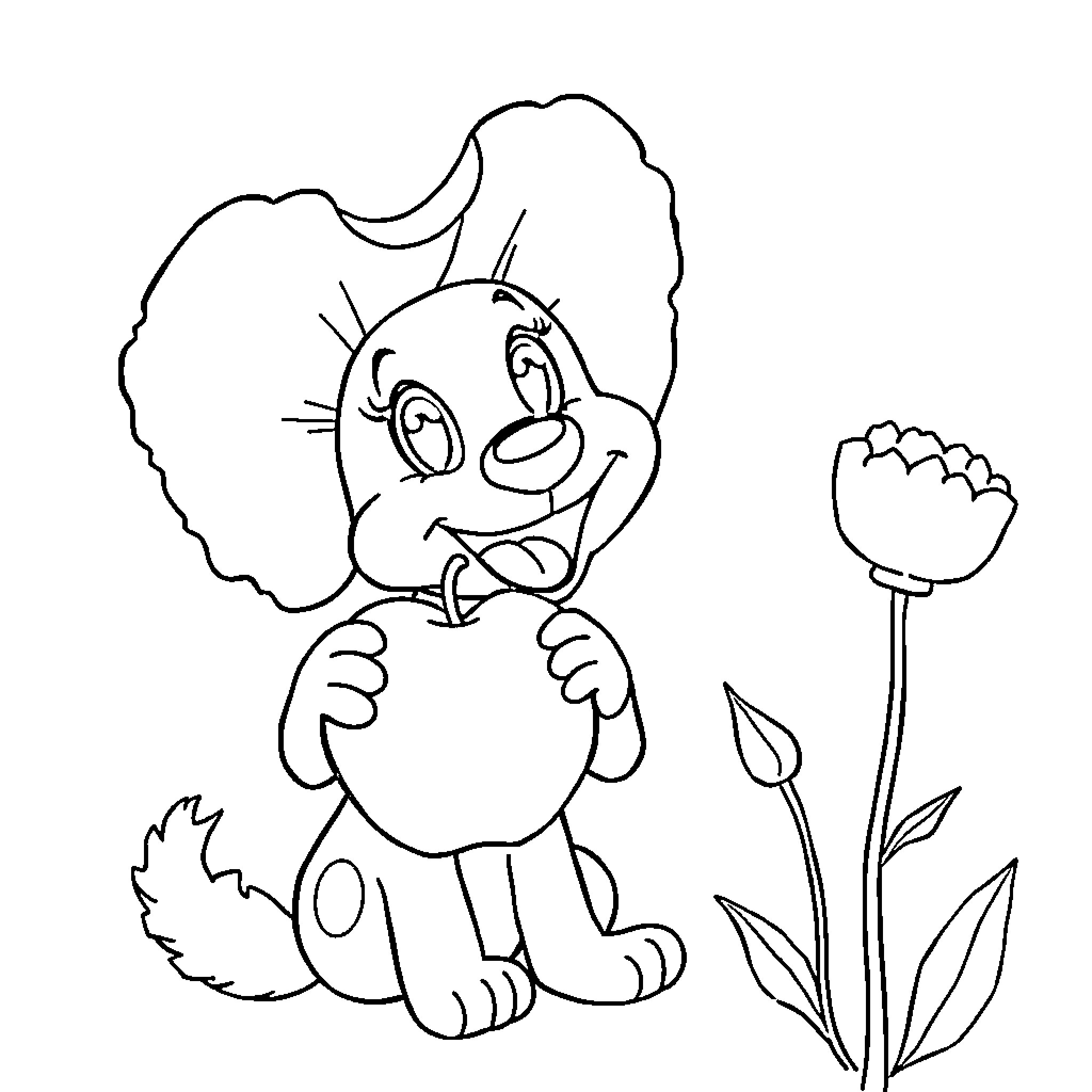Poppy the Playful Pup and the Blooming Flower Coloring Page (free black-and-white line drawing printable PDF for all, from beginners to advanced learners, including children, teens, adults, and seniors)