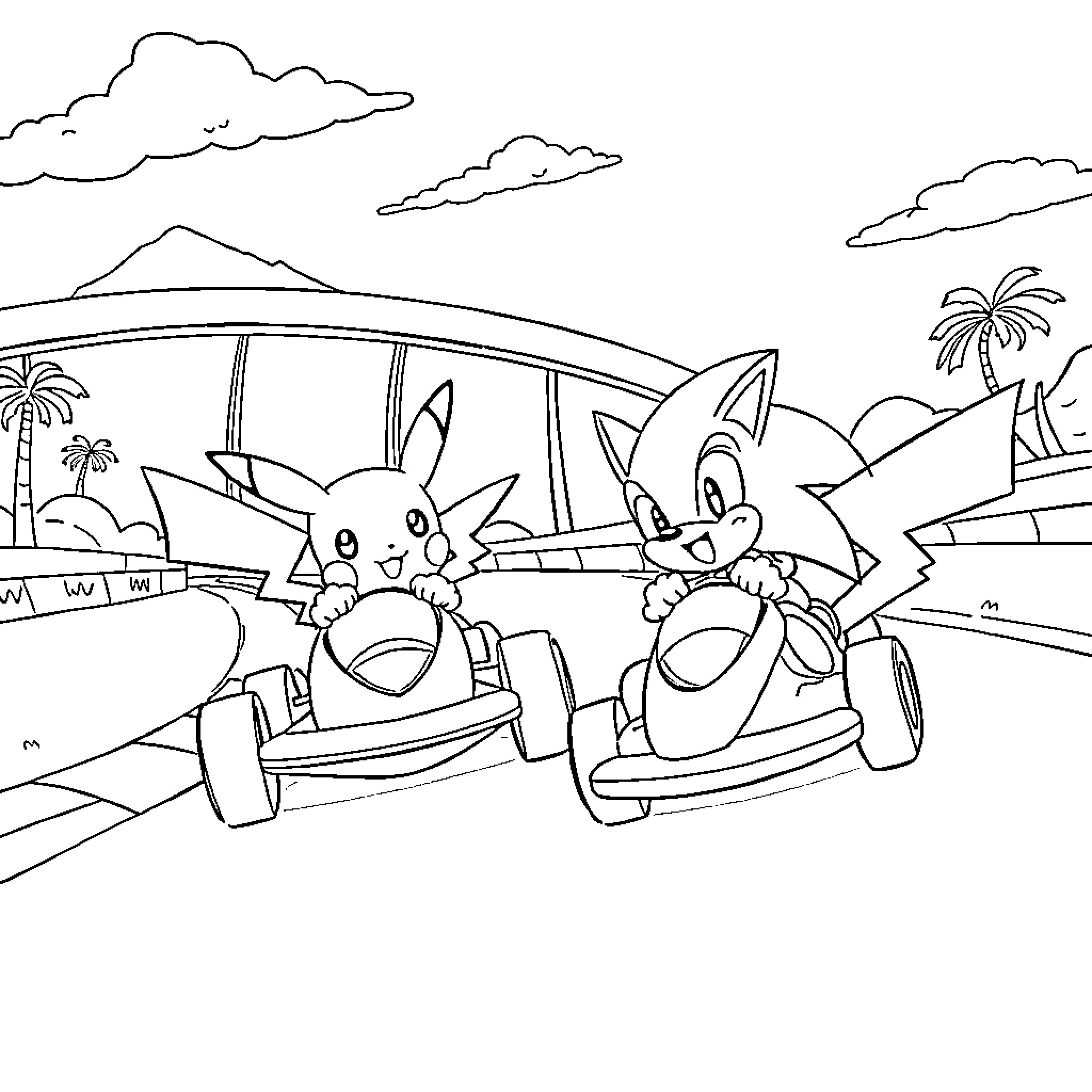 Sonic and Friends Racing on the Beach Coloring Page (free black-and-white line drawing printable PDF for all, from beginners to advanced learners, including children, teens, adults, and seniors)