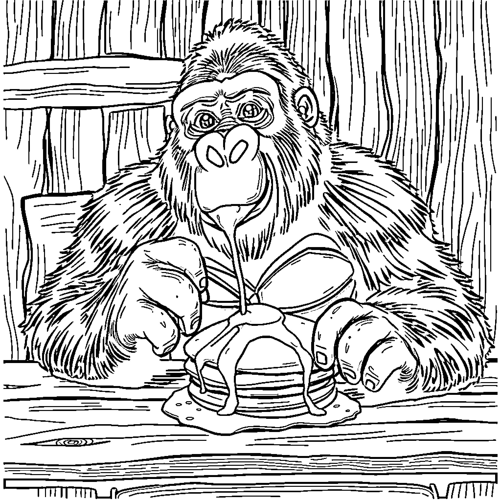 Gorilla enjoying a delicious breakfast in the forest Coloring Page (free black-and-white line drawing printable PDF for all, from beginners to advanced learners, including children, teens, adults, and seniors)