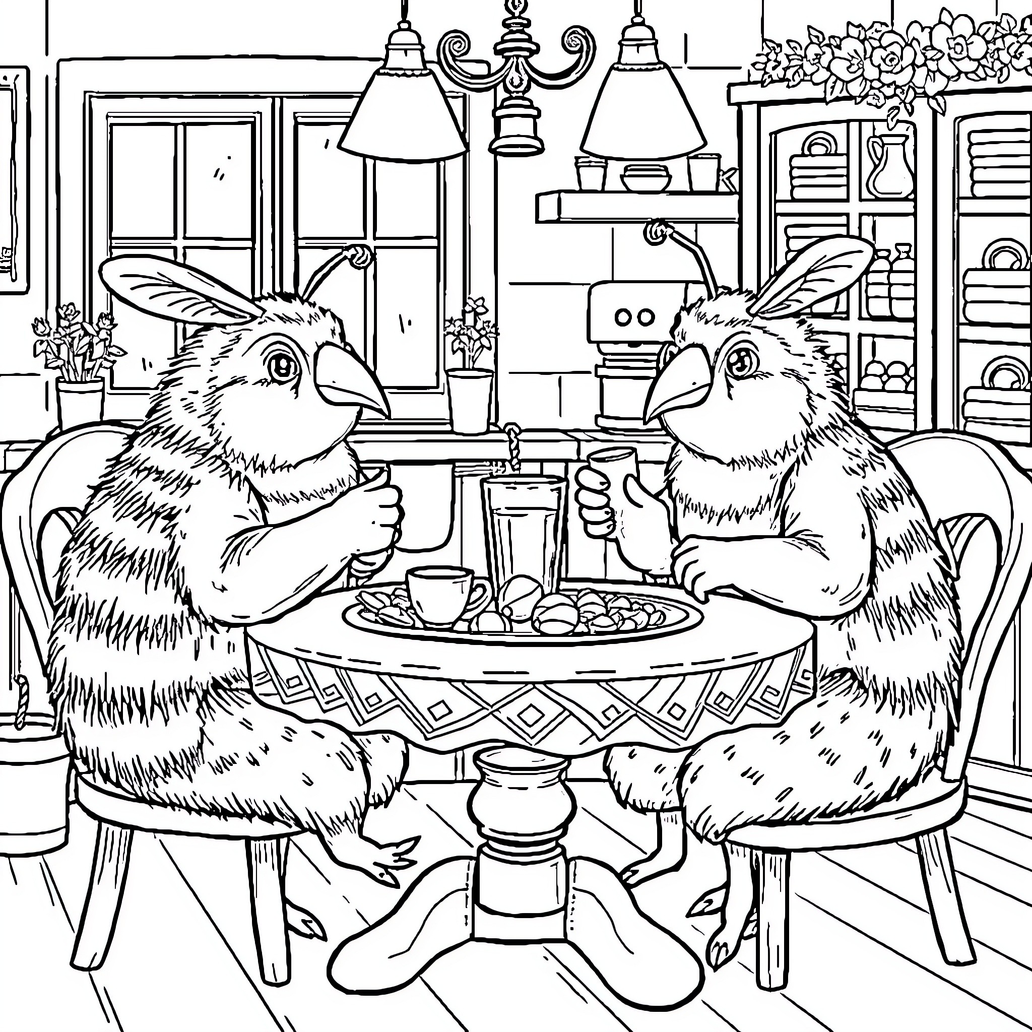 Kuh Rabbits Enjoying a Cozy Meal Together Coloring Page (free black-and-white line drawing printable PDF for all, from beginners to advanced learners, including children, teens, adults, and seniors)