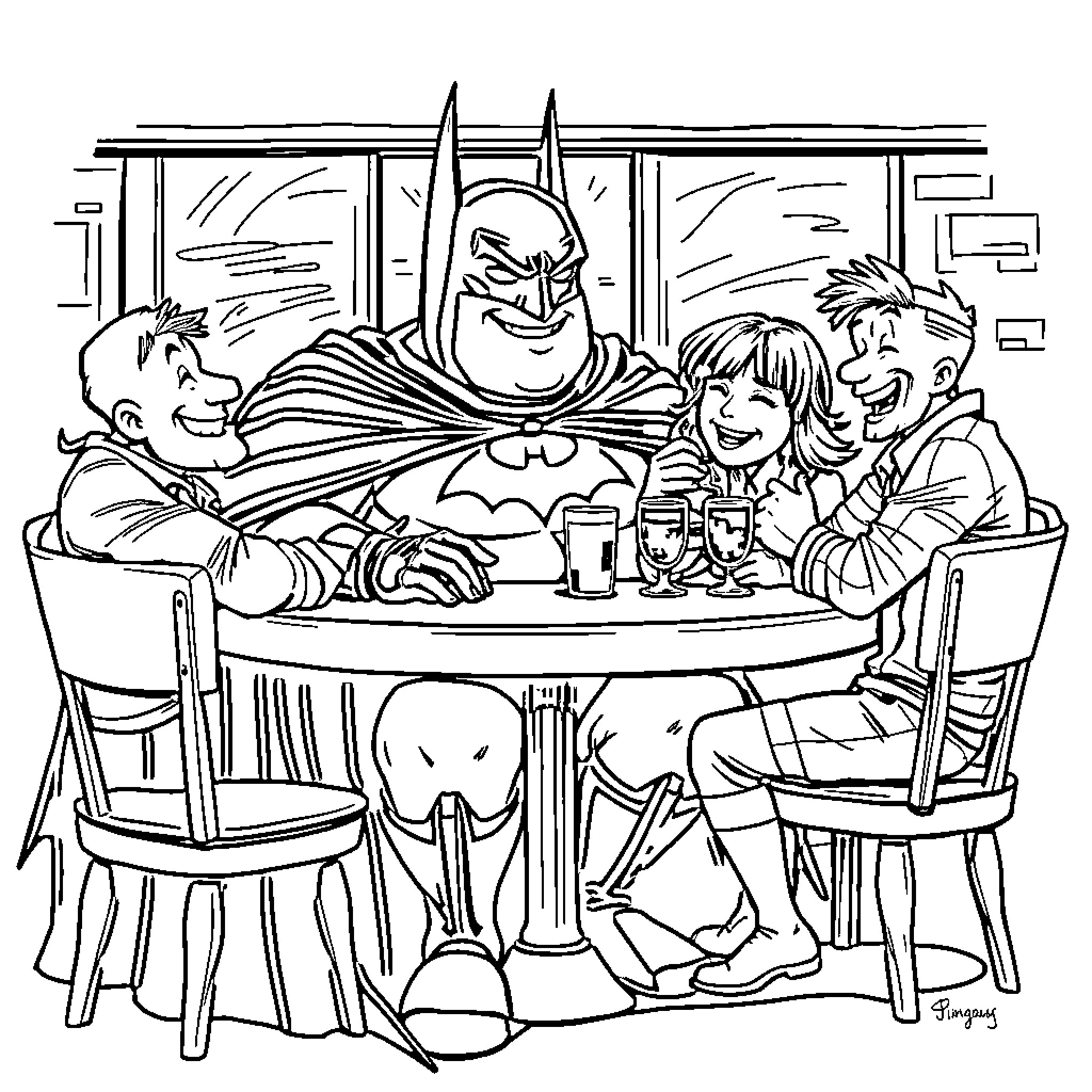 Batman Enjoying Dinner with Friends Coloring Page (free black-and-white line drawing printable PDF for all, from beginners to advanced learners, including children, teens, adults, and seniors)