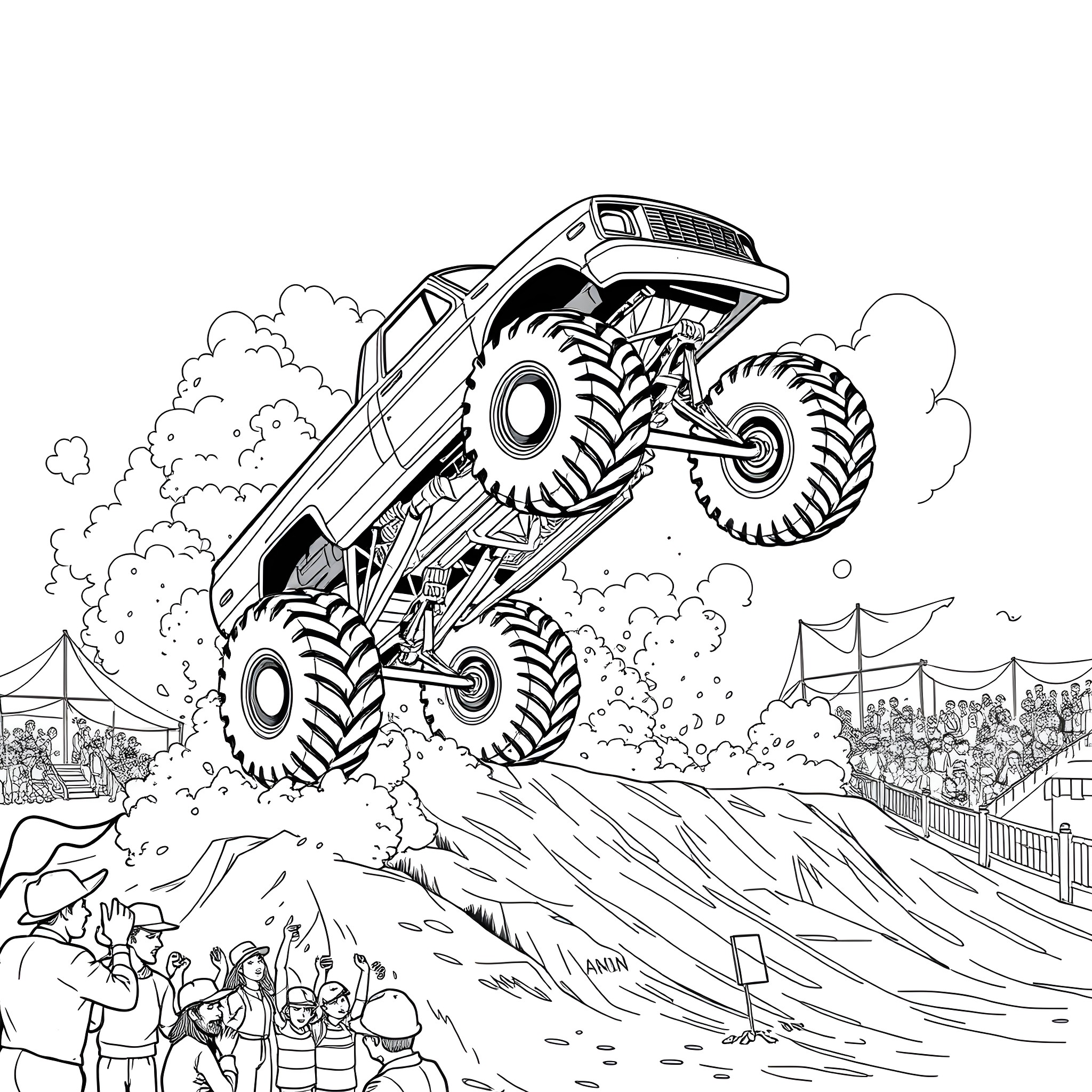 Monster Truck Soaring Over Crowd at Outdoor Event Coloring Page (free black-and-white line drawing printable PDF for all, from beginners to advanced learners, including children, teens, adults, and seniors)