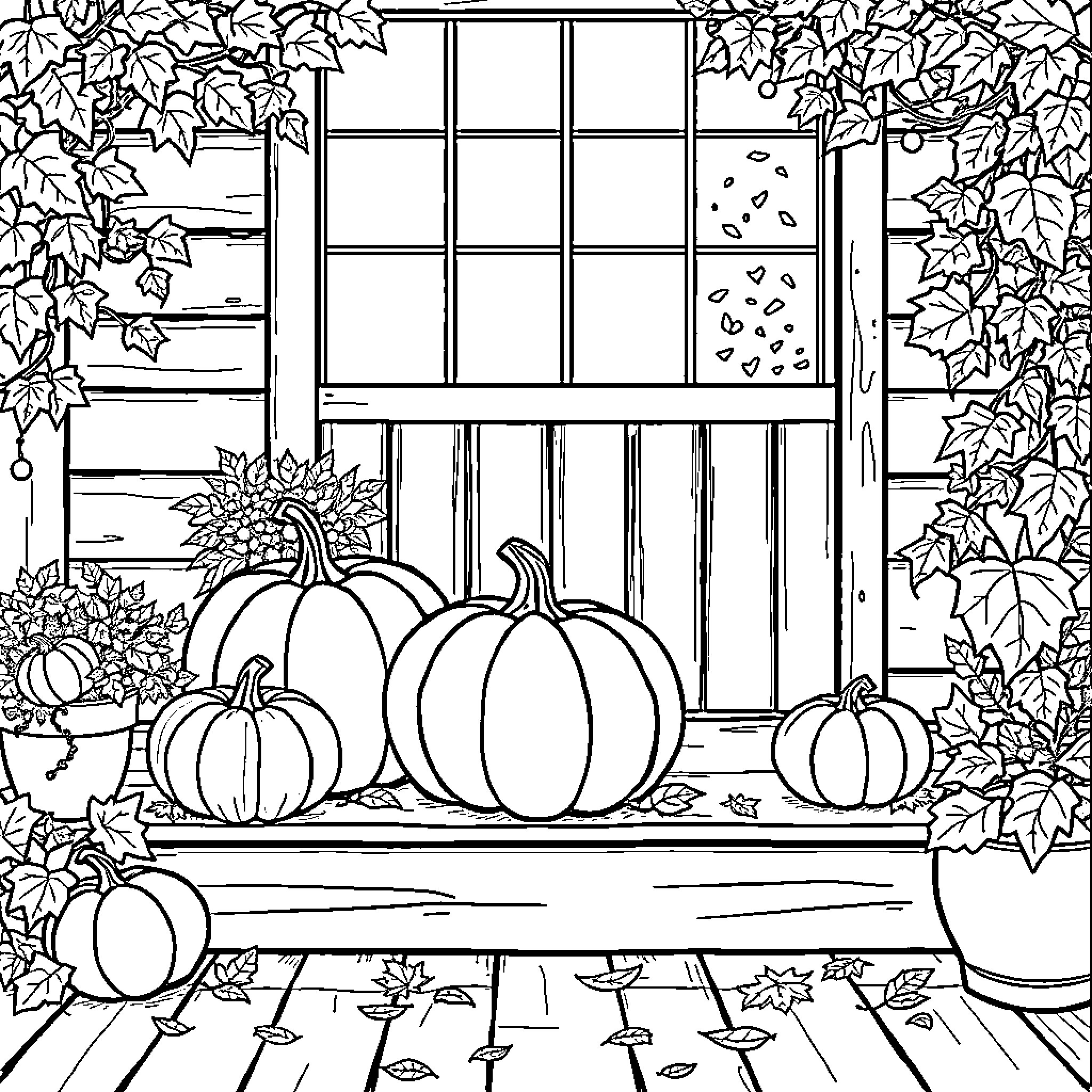 Pumpkin Display on Porch with Autumn Leaves Coloring Page (free black-and-white line drawing printable PDF for all, from beginners to advanced learners, including children, teens, adults, and seniors)