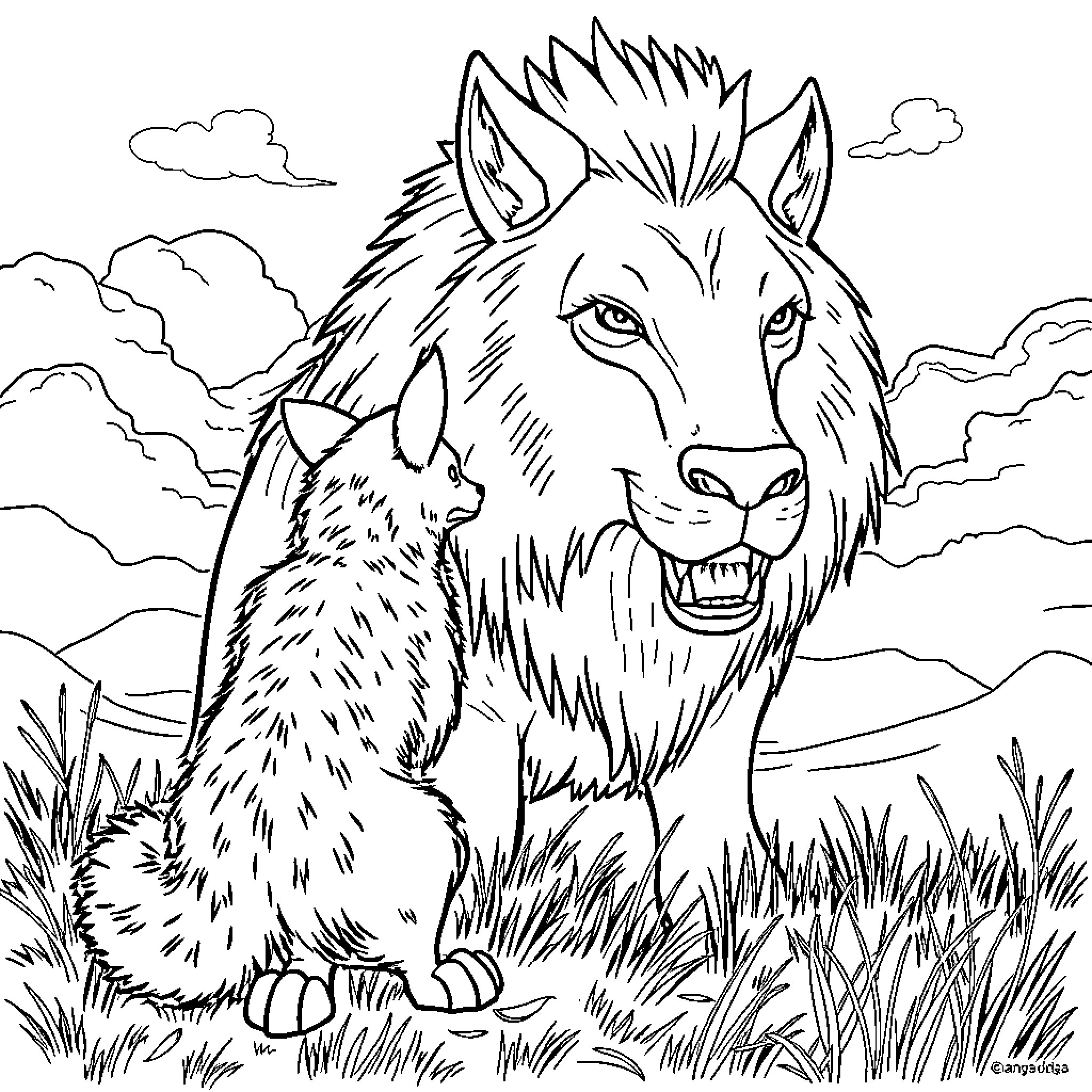 Coyote Pair in Wilderness Habitat Coloring Page (free black-and-white line drawing printable PDF for all, from beginners to advanced learners, including children, teens, adults, and seniors)