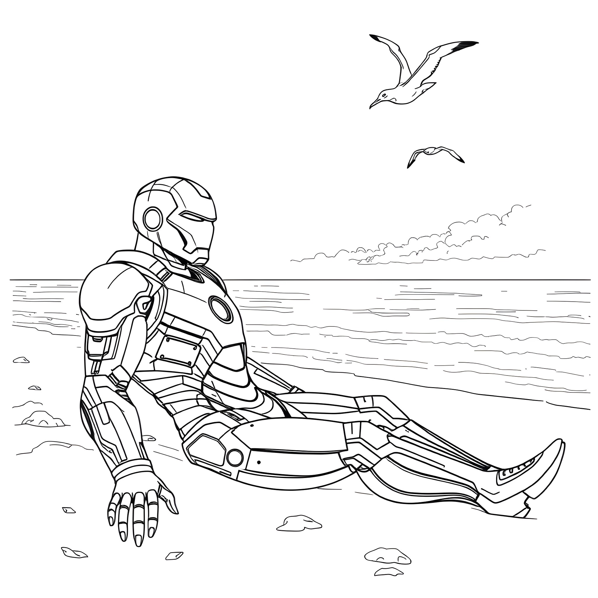 Ironman relaxing on the beach with seagulls Coloring Page (free black-and-white line drawing printable PDF for all, from beginners to advanced learners, including children, teens, adults, and seniors)